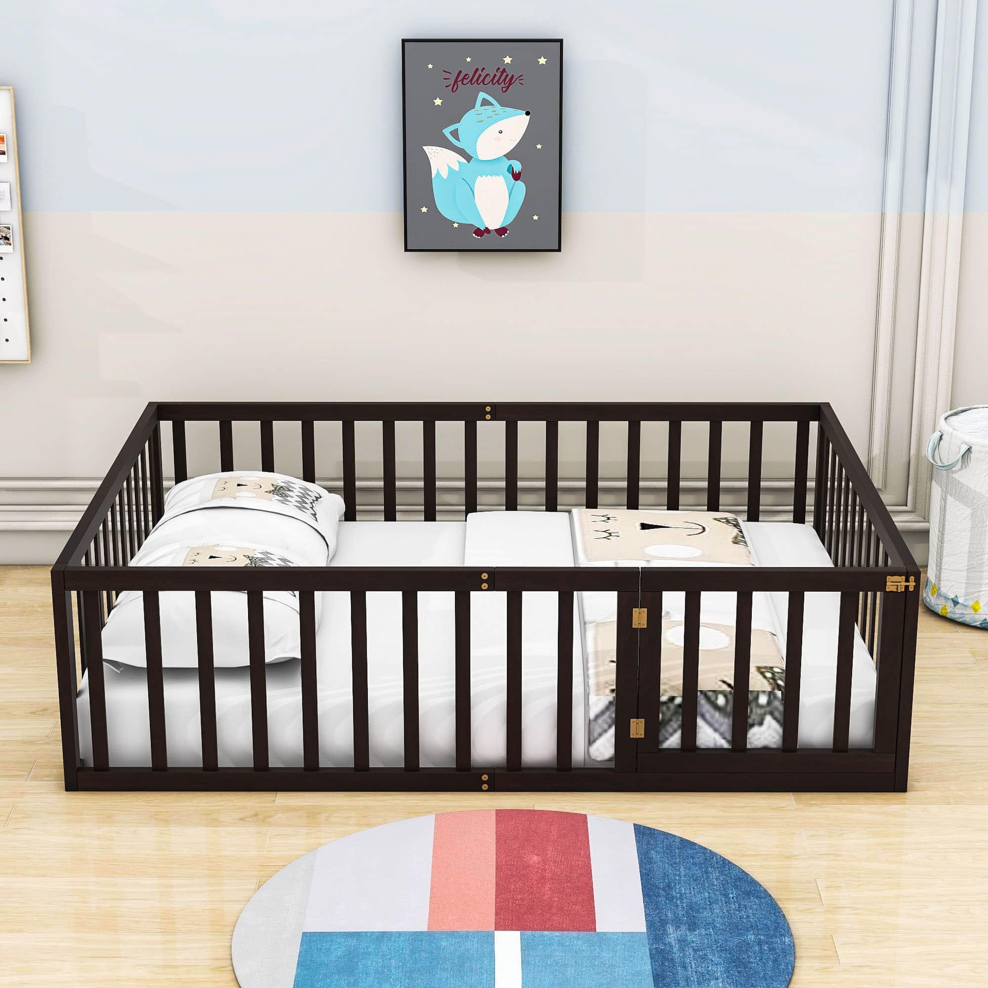 Wooden Full Size Floor Toddler Bed with Rails