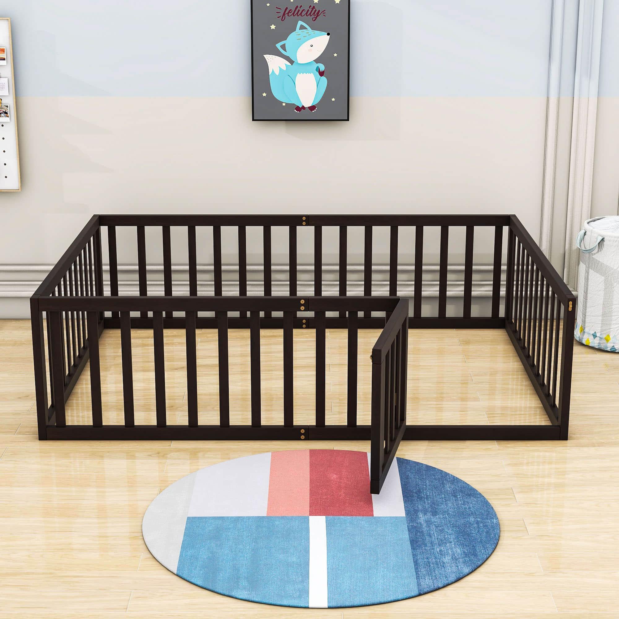 Wooden Full Size Floor Toddler Bed with Rails