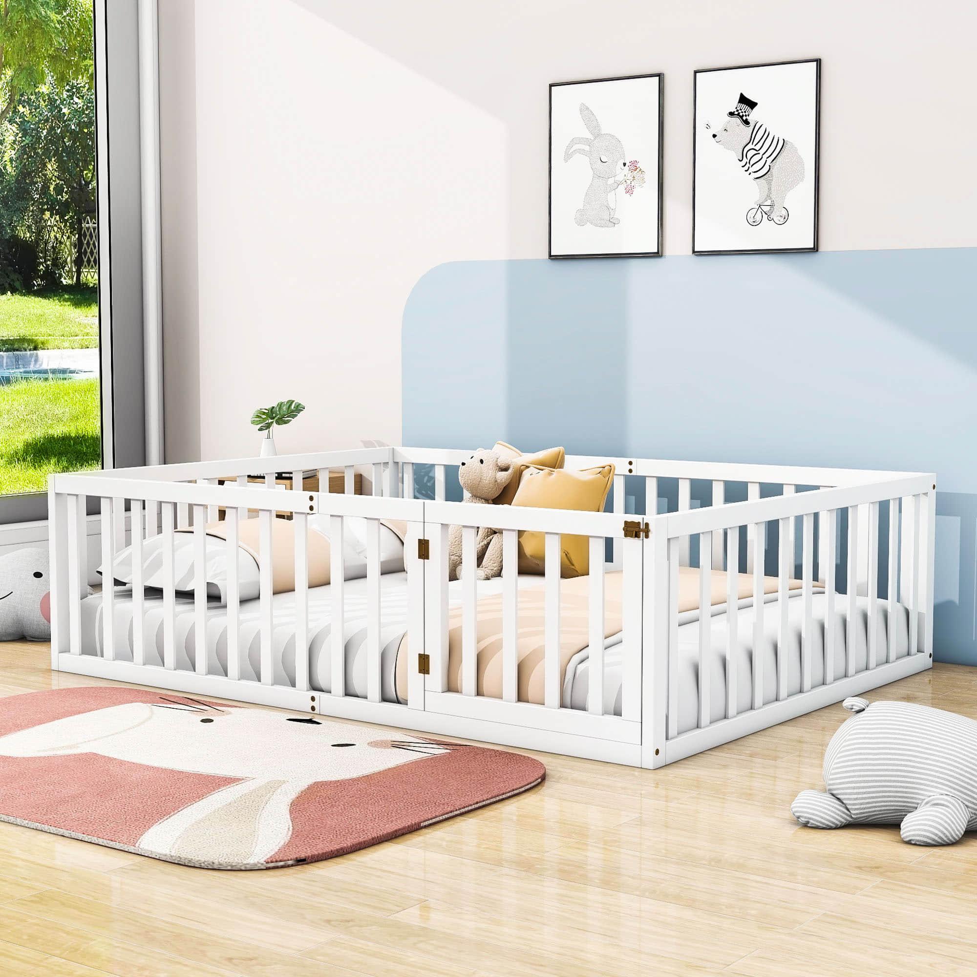 Wooden Queen Size Floor Toddler Bed with Rails and Door