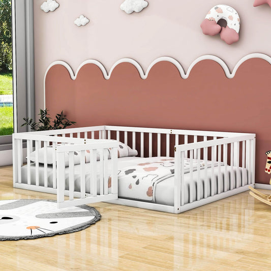 Wooden Full Size Floor Toddler Bed with Rails