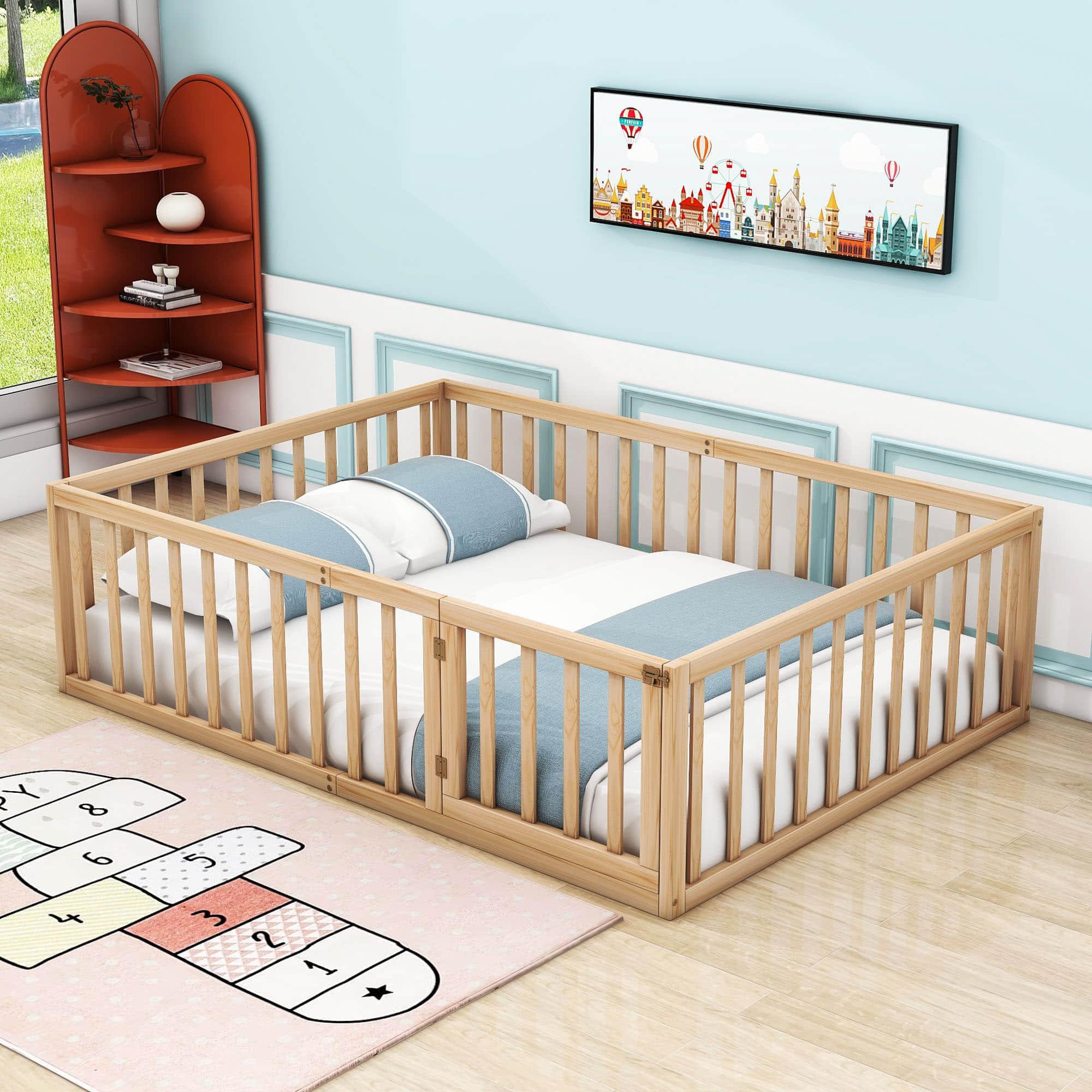 Wooden Full Size Floor Toddler Bed with Rails