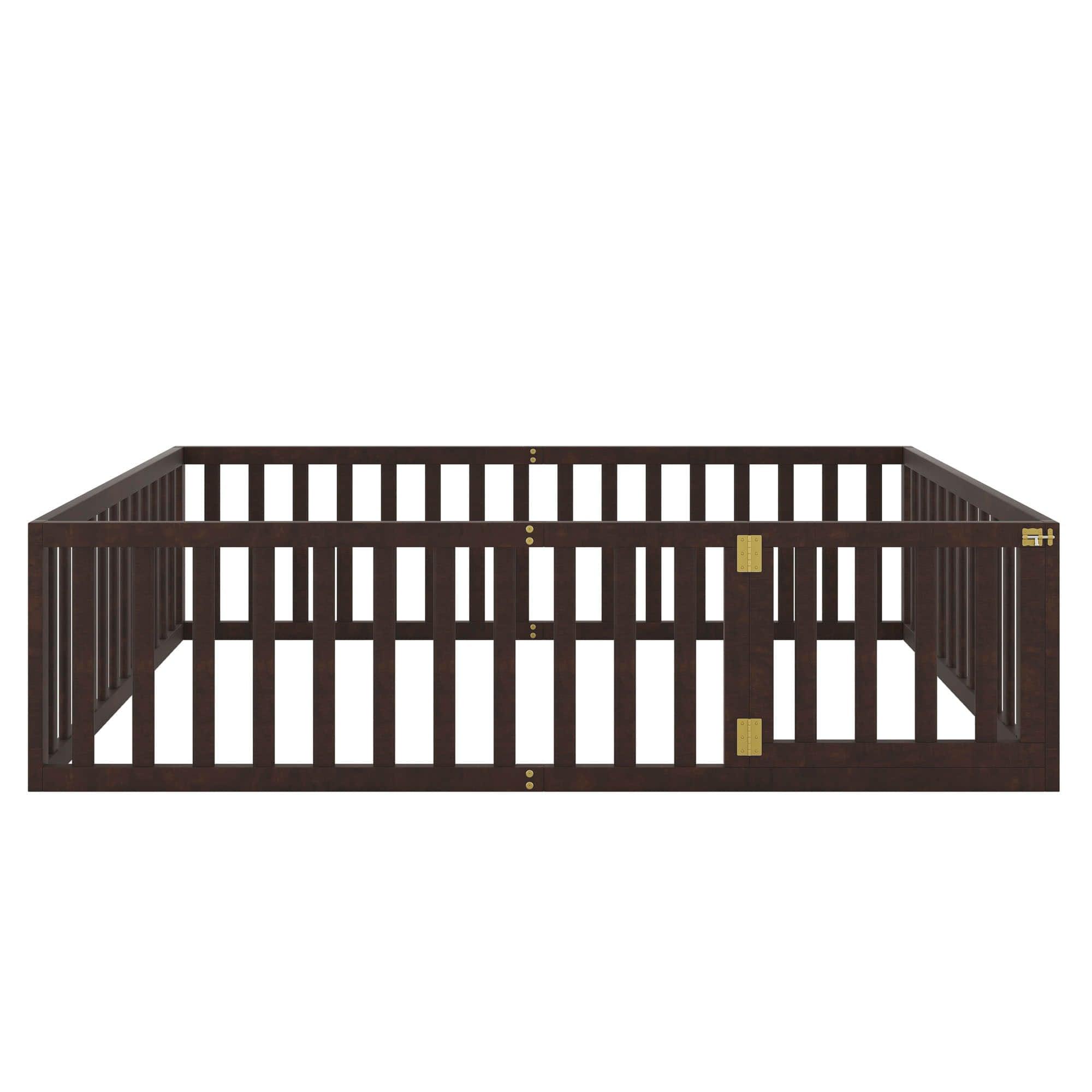 Wooden Queen Size Floor Toddler Bed with Rails and Door