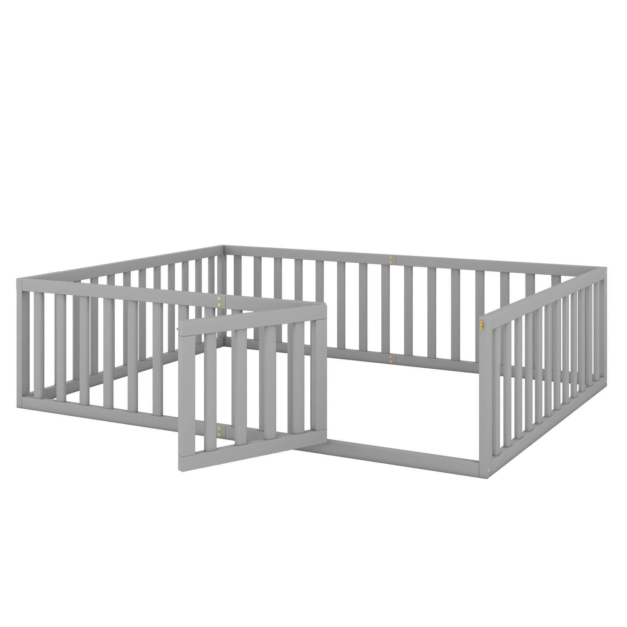 Wooden Queen Size Floor Toddler Bed with Rails and Door