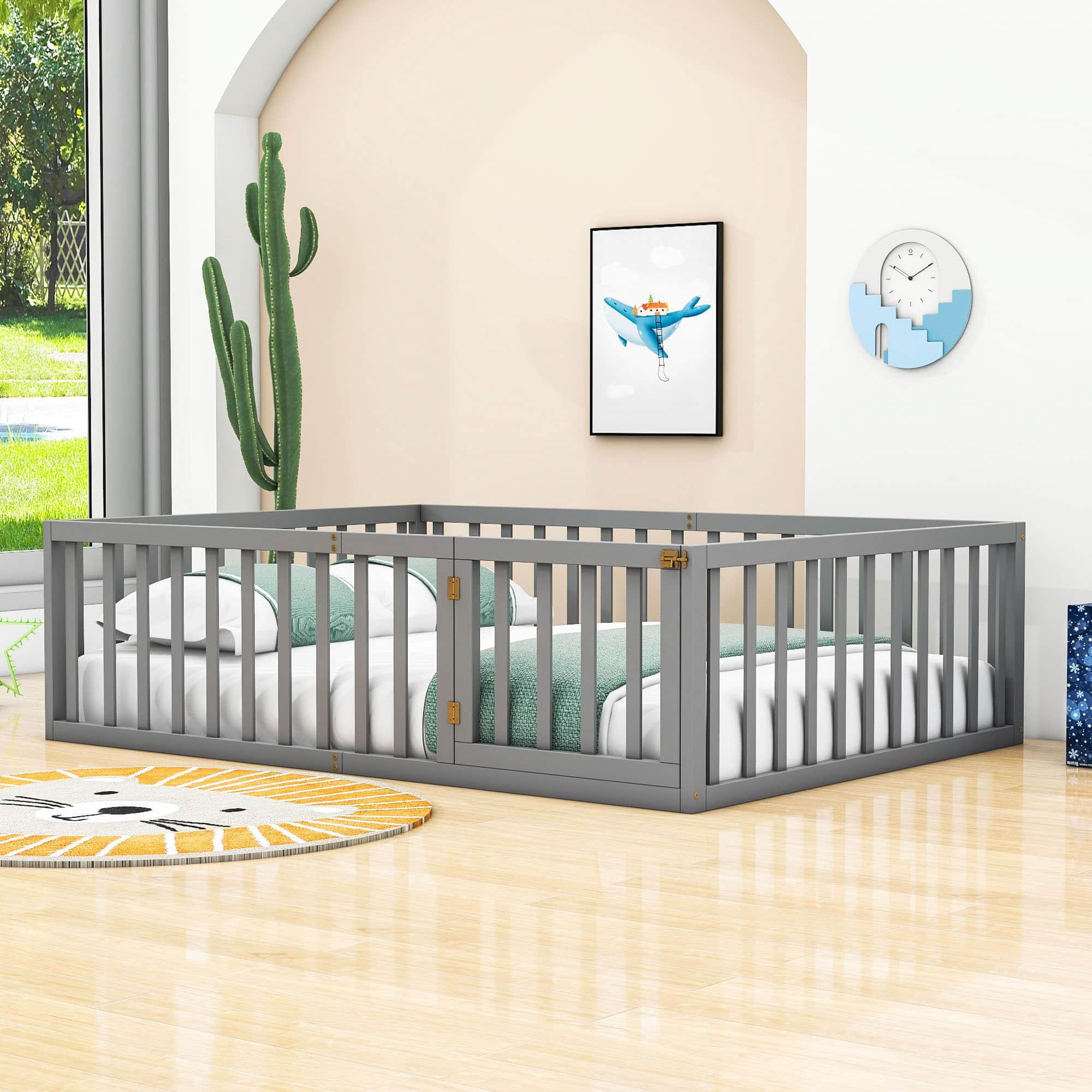 Wooden Full Size Floor Toddler Bed with Rails