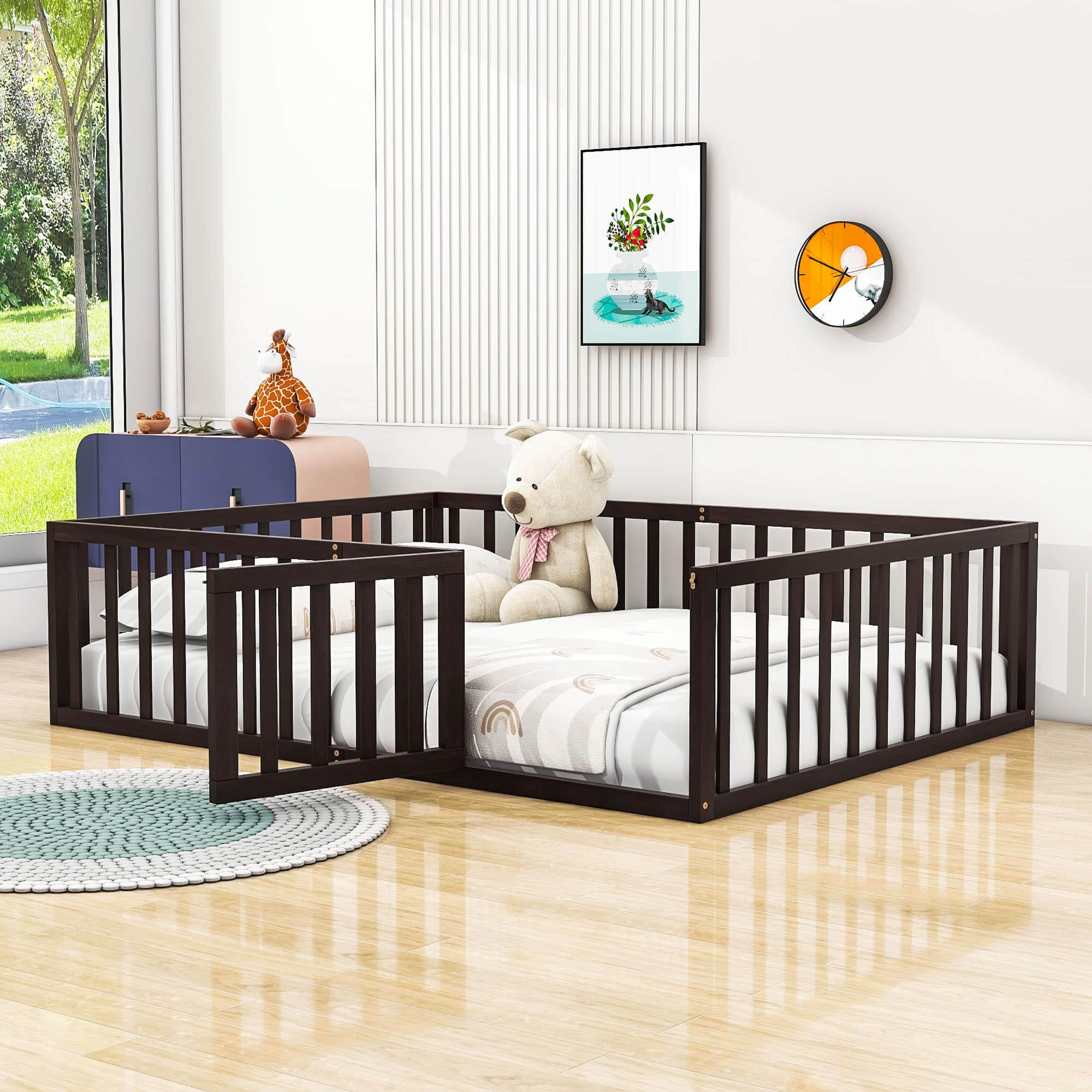 Wooden Queen Size Floor Toddler Bed with Rails and Door