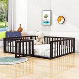 Wooden Queen Size Floor Toddler Bed with Rails and Door