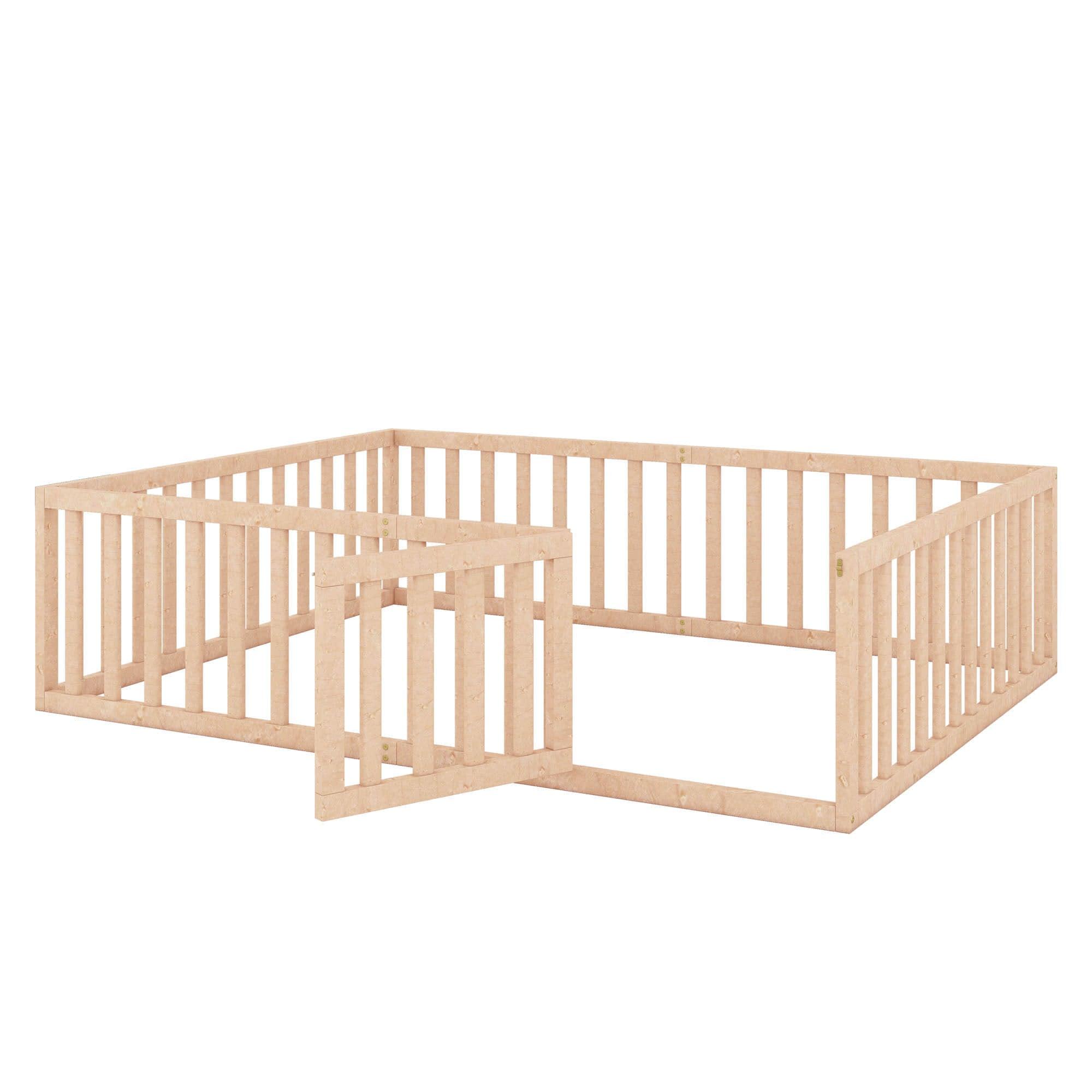 Wooden Queen Size Floor Toddler Bed with Rails and Door