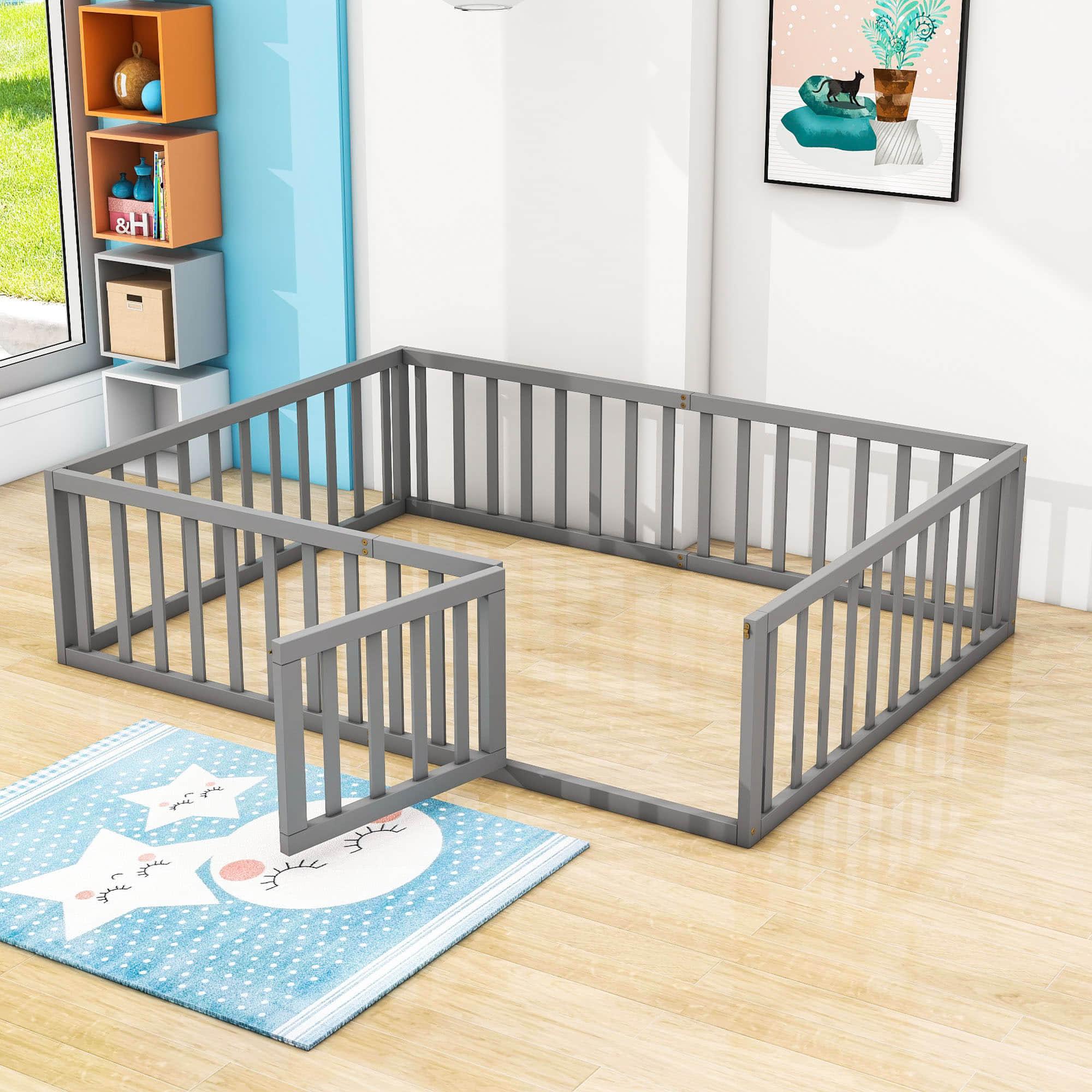 Wooden Queen Size Floor Toddler Bed with Rails and Door