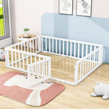 Wooden Queen Size Floor Toddler Bed with Rails and Door