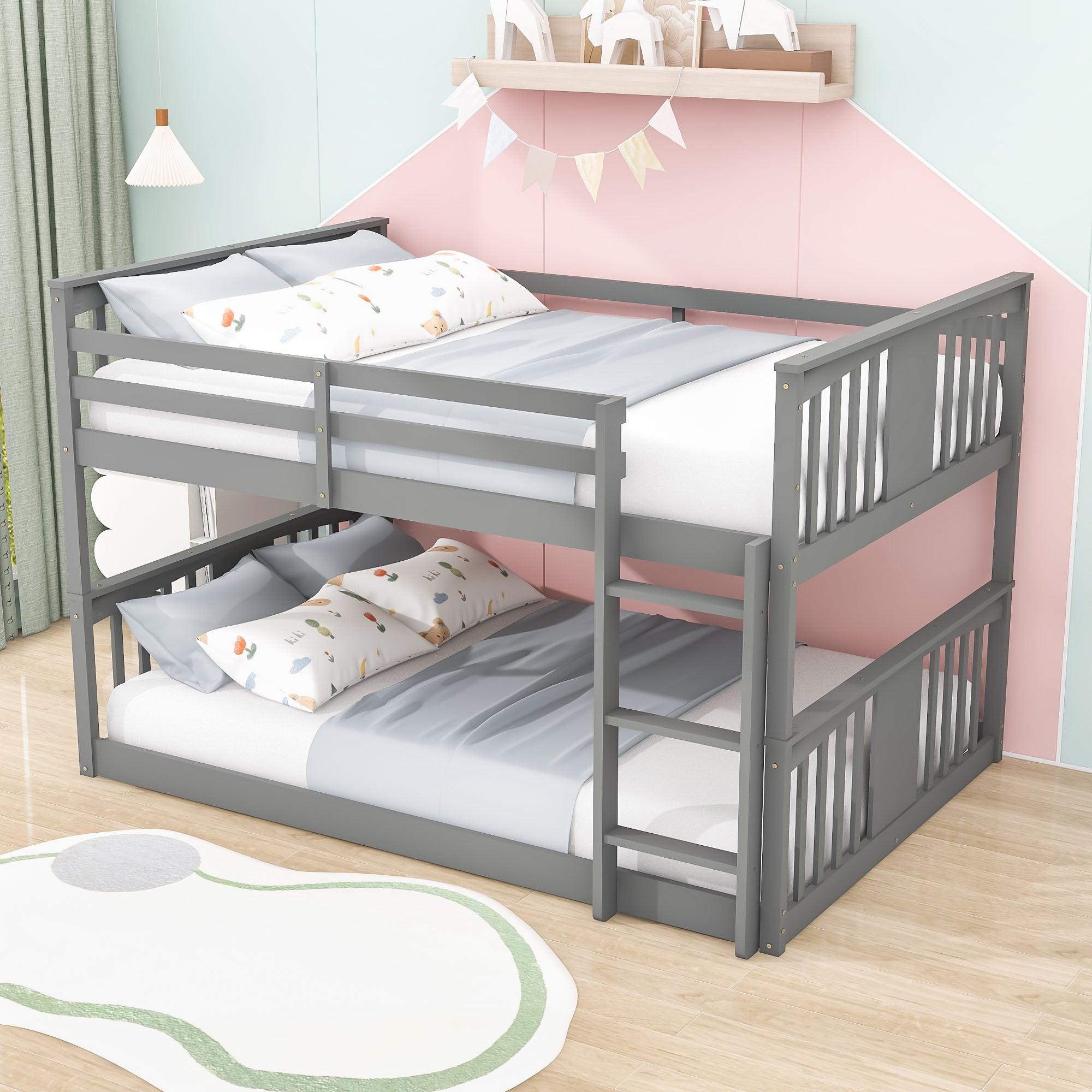 Wood Montessori Scandinavian Full Over Full Low Bunk Bed [Ladder, Guardrail]