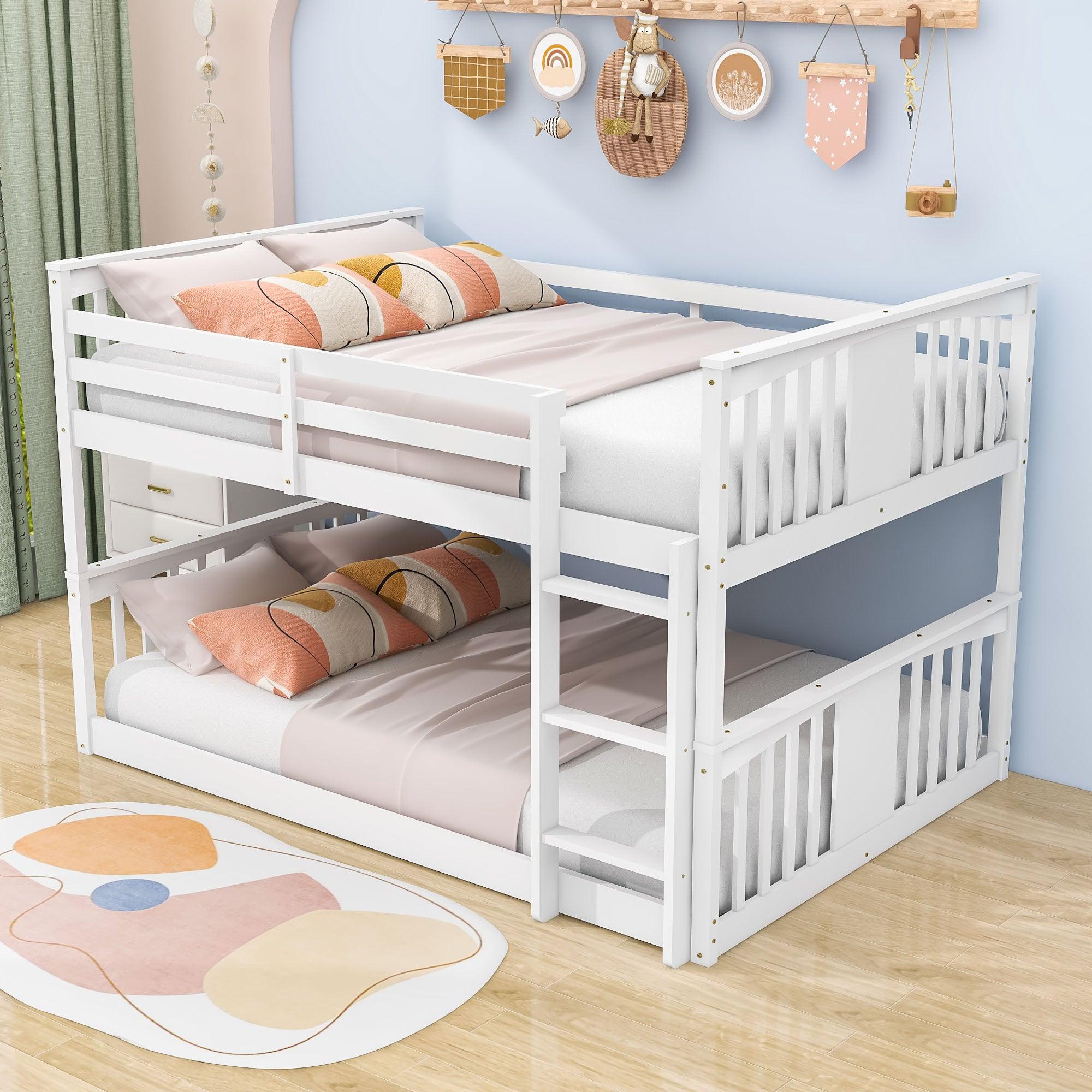 Wood Montessori Scandinavian Full Over Full Low Bunk Bed [Ladder, Guardrail]