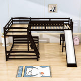 Wood Twin Over Full L-Shaped Low Bunk Bed with Twin Loft Bed with Desk and Slide