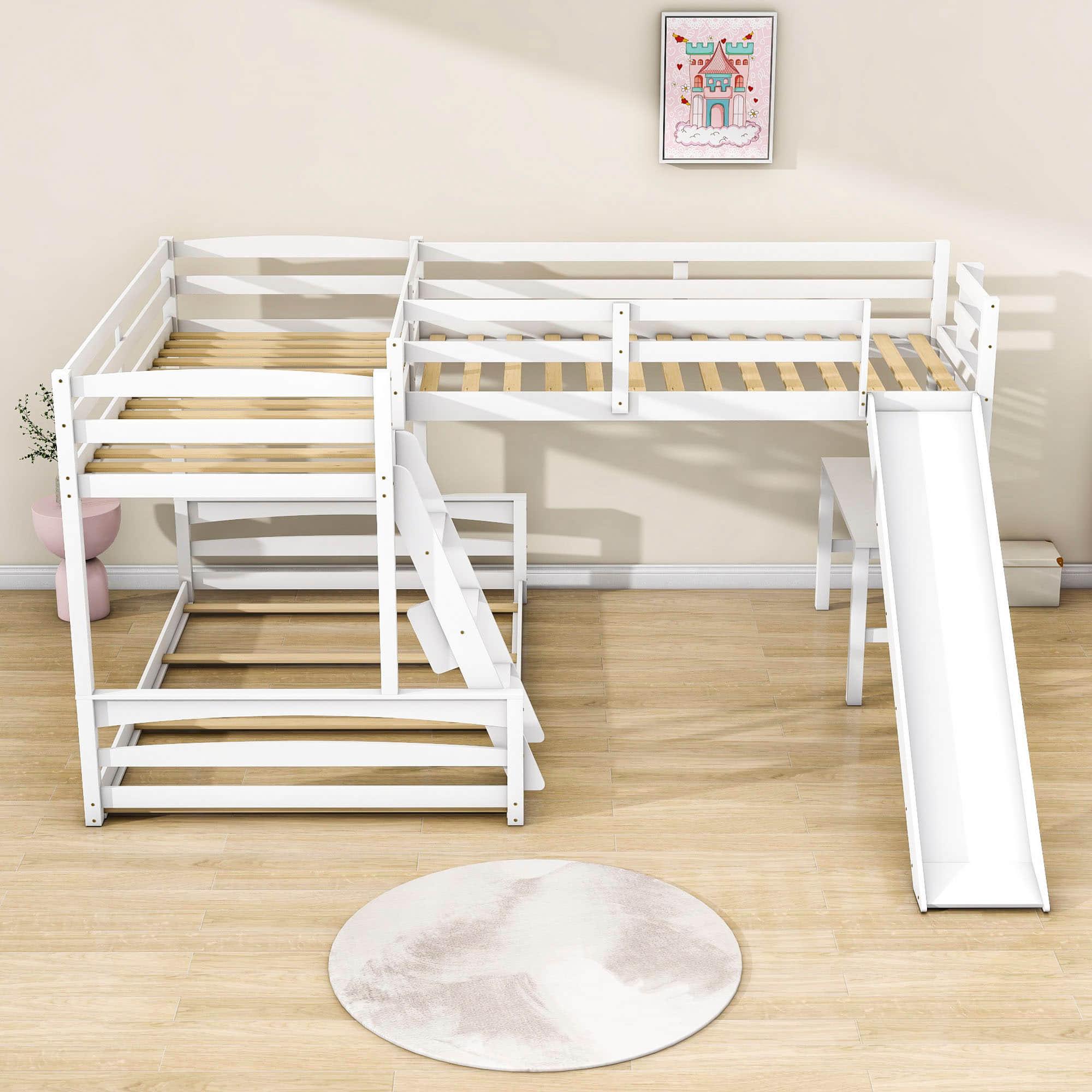 Wood Twin Over Full L-Shaped Low Bunk Bed with Twin Loft Bed with Desk and Slide