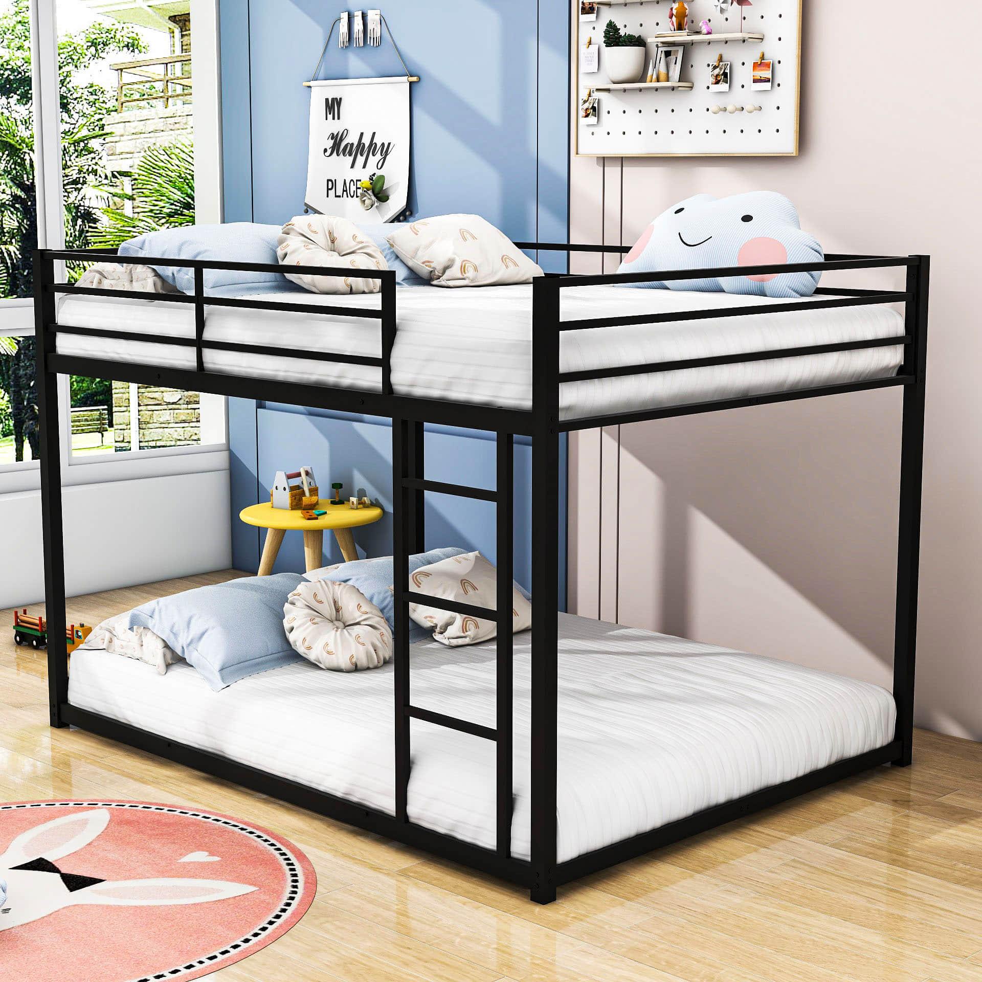 Montessori Full Over Full Scandinavian Floor Metal Bunk Bed with Ladder for Kids