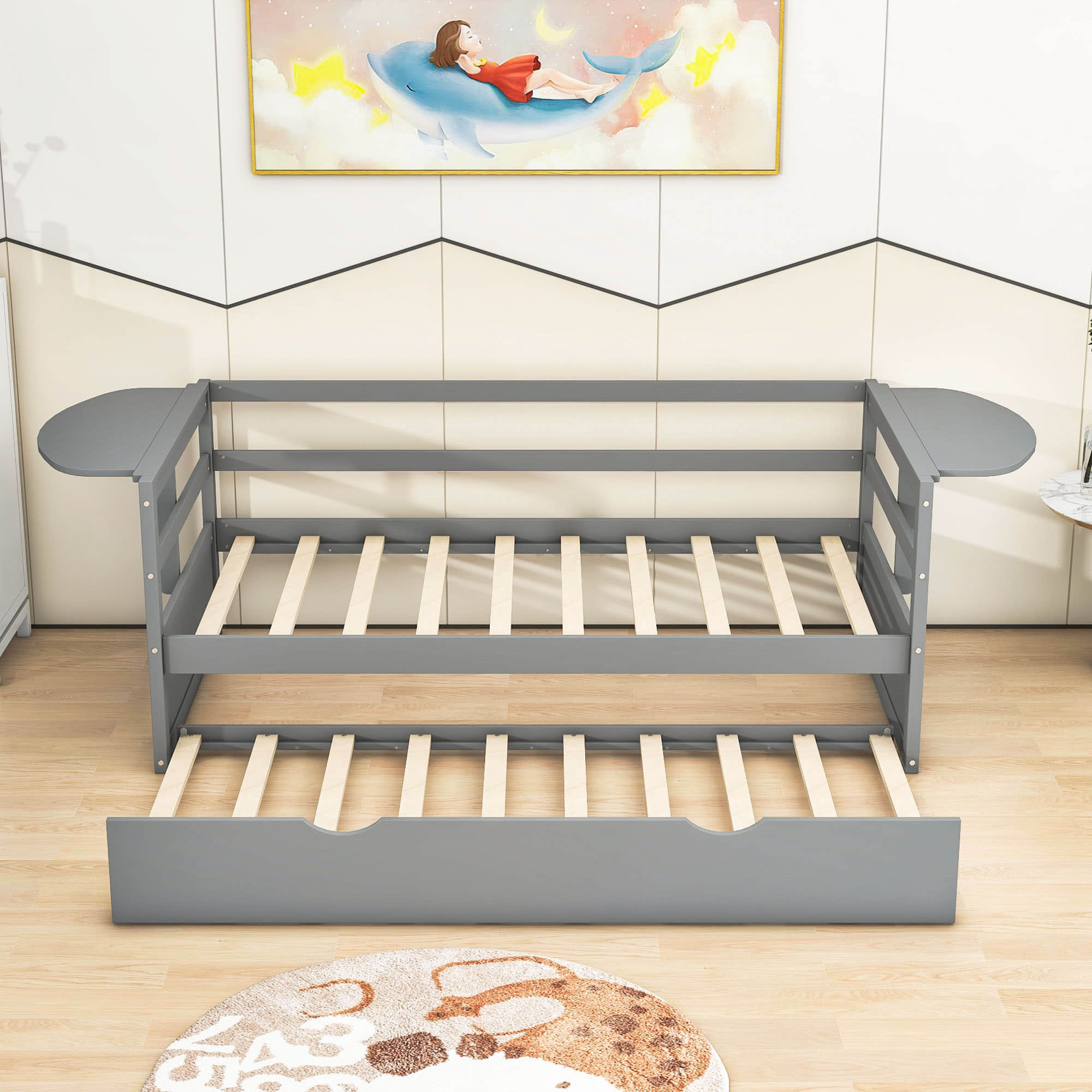 Modern Wood Twin Daybed with Trundle Bed and Foldable Shelves