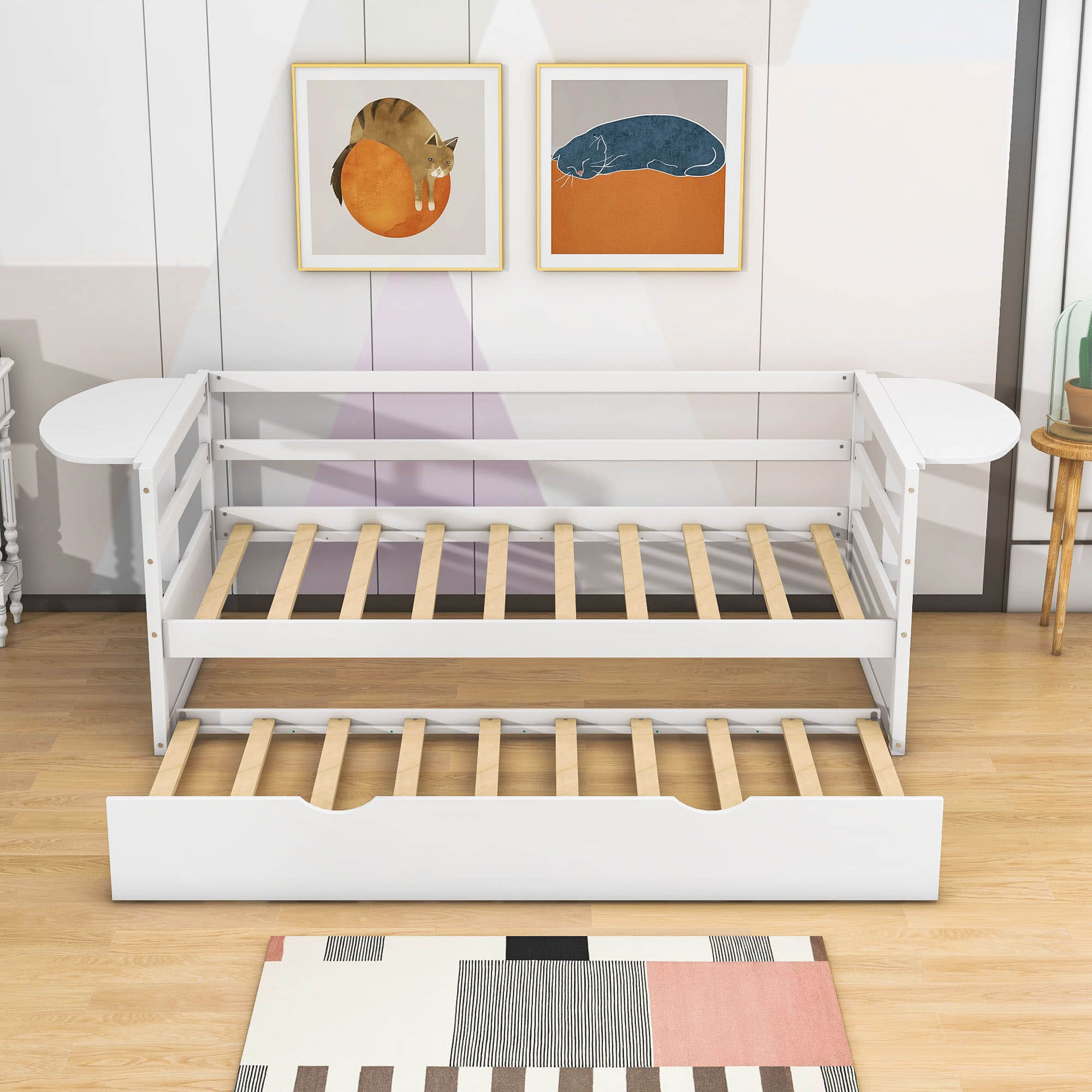 Modern Wood Twin Daybed with Trundle Bed and Foldable Shelves