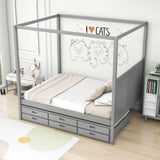 Queen Size Captain's Canopy Bed with Twin Trundle Bed and Storage - [Wooden, Drawers]