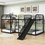 Metal Full & Twin Quad Bunk Beds with Slide for Kids, Toddler - [L-Shaped]