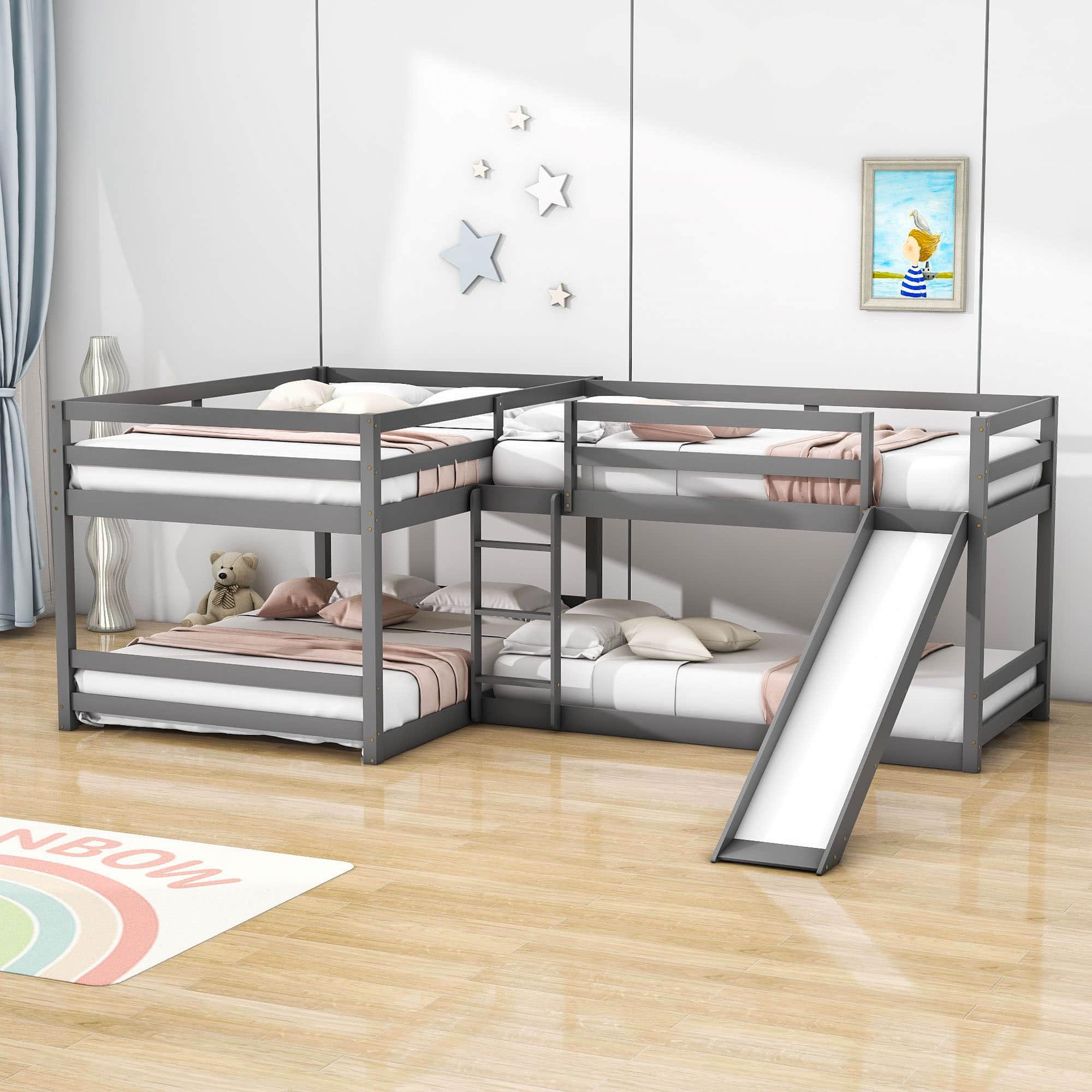 Corner Full and Twin Quad Bunk Beds with Slide - [Wooden, Convertible, L-Shaped]