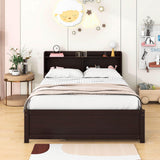 Wooden Full Size Platform Bed with Twin Trundle Bed and Storage Headboard - [Shelves]