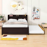 Wooden Full Size Platform Bed with Twin Trundle Bed and Storage Headboard - [Shelves]