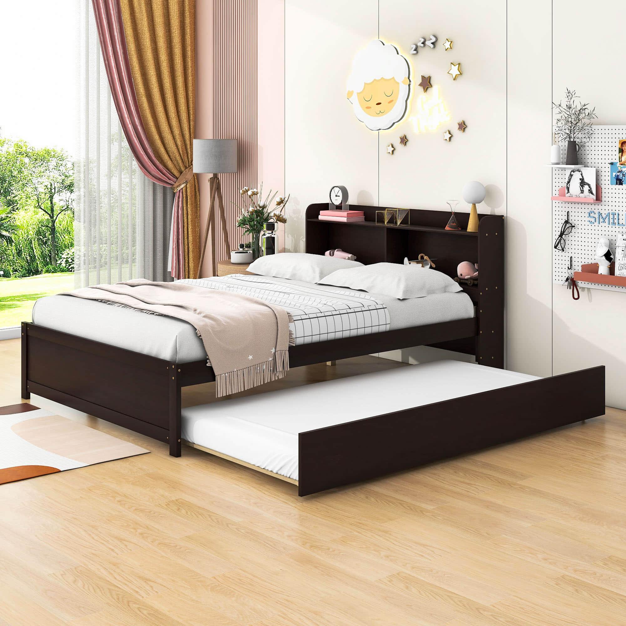 Wooden Full Size Platform Bed with Twin Trundle Bed and Storage Headboard - [Shelves]