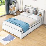 Wooden Full Size Platform Bed with Twin Trundle Bed and Storage Headboard - [Shelves]