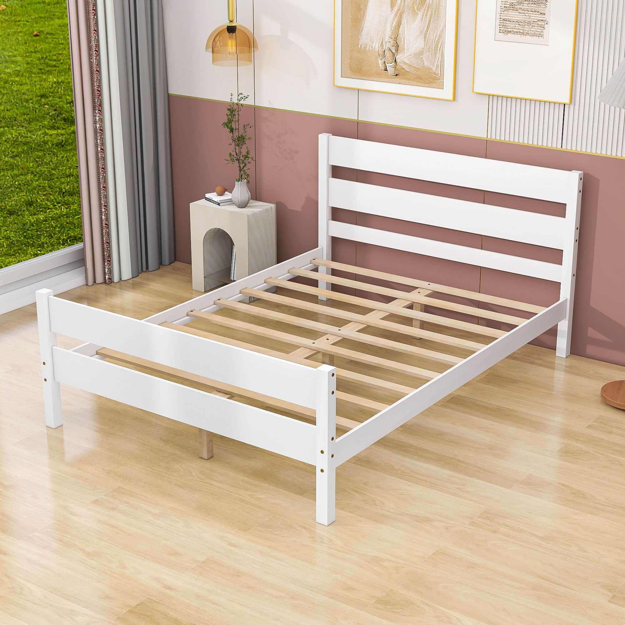 Wooden Full Bed Frame with Slat Headboard and Footboard