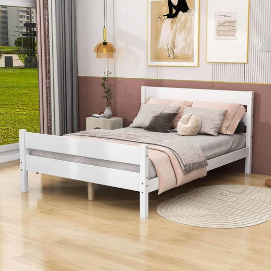 Wooden Full Bed Frame with Slat Headboard and Footboard