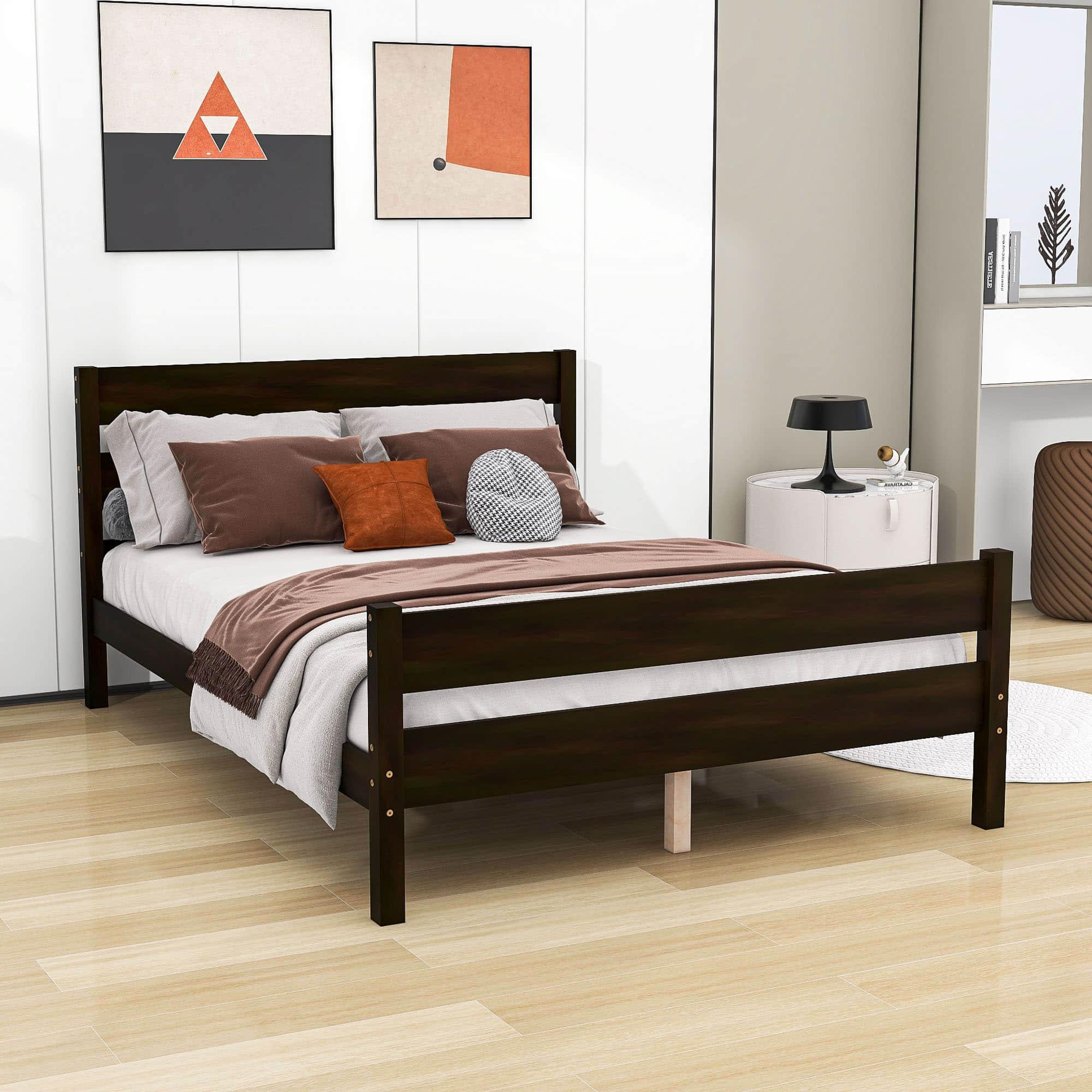 Wooden Full Bed Frame with Slat Headboard and Footboard