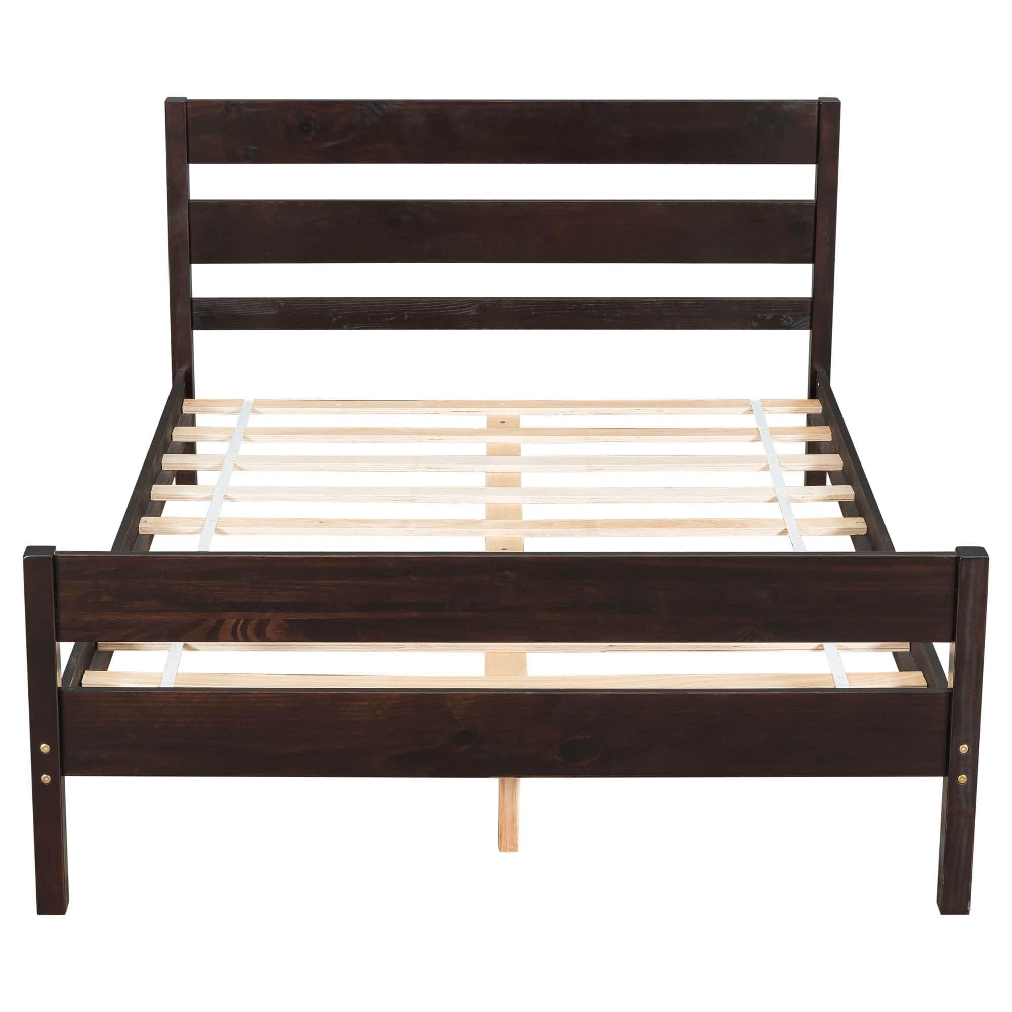 Wooden Full Bed Frame with Slat Headboard and Footboard