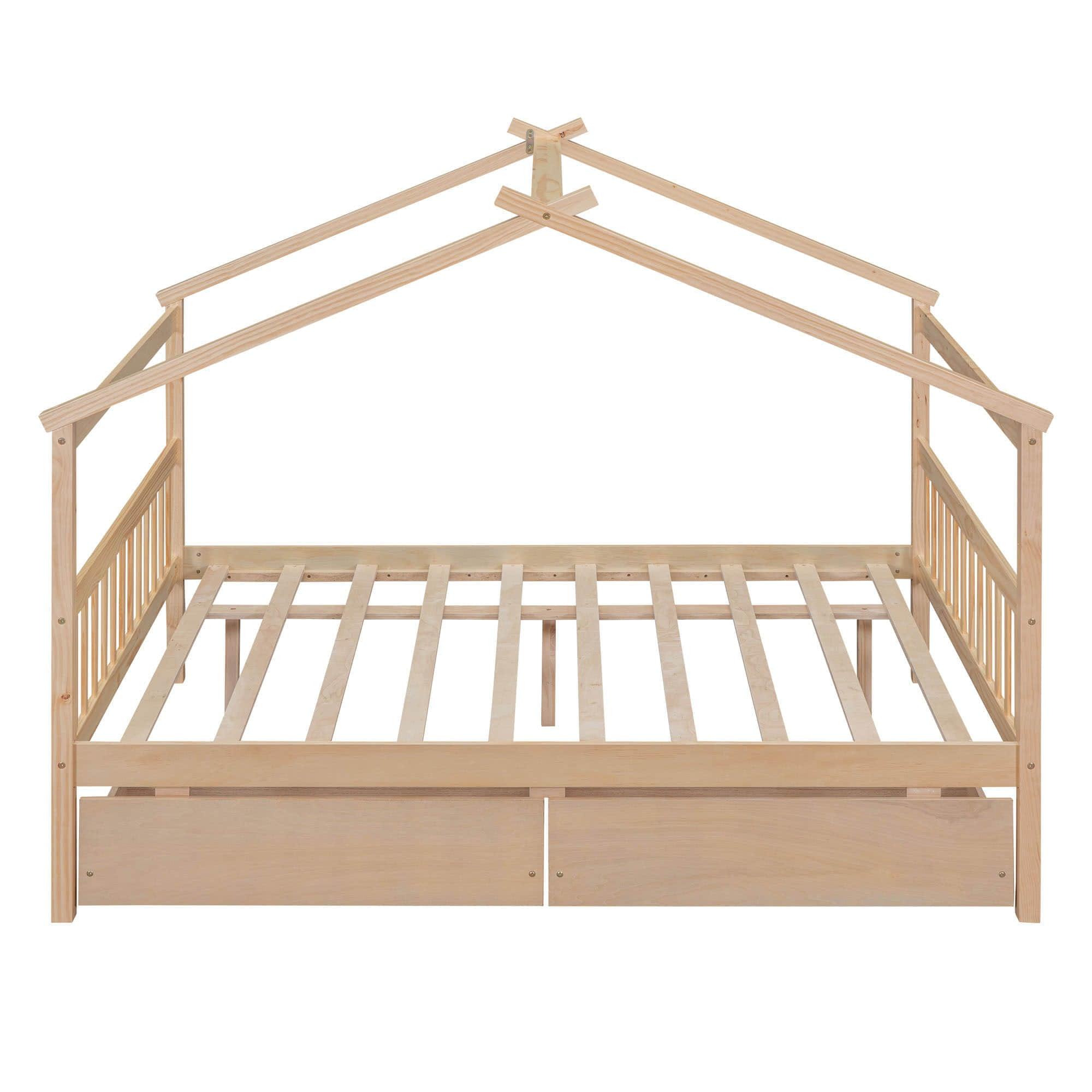 Wooden Full Size House Bed with Storage Drawers for Kids