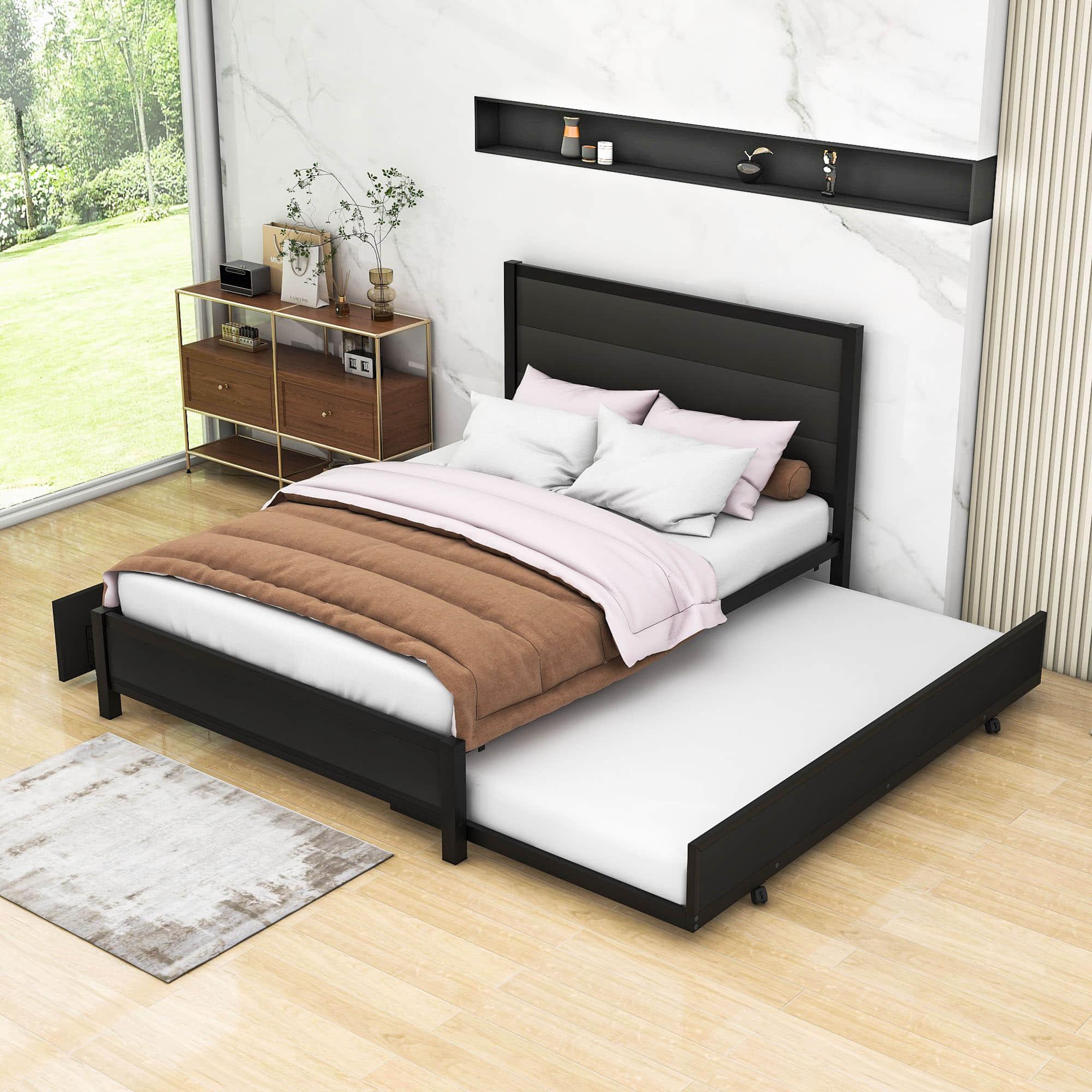 Metal Full Size Storage Platform Bed with Twin Trundle Bed