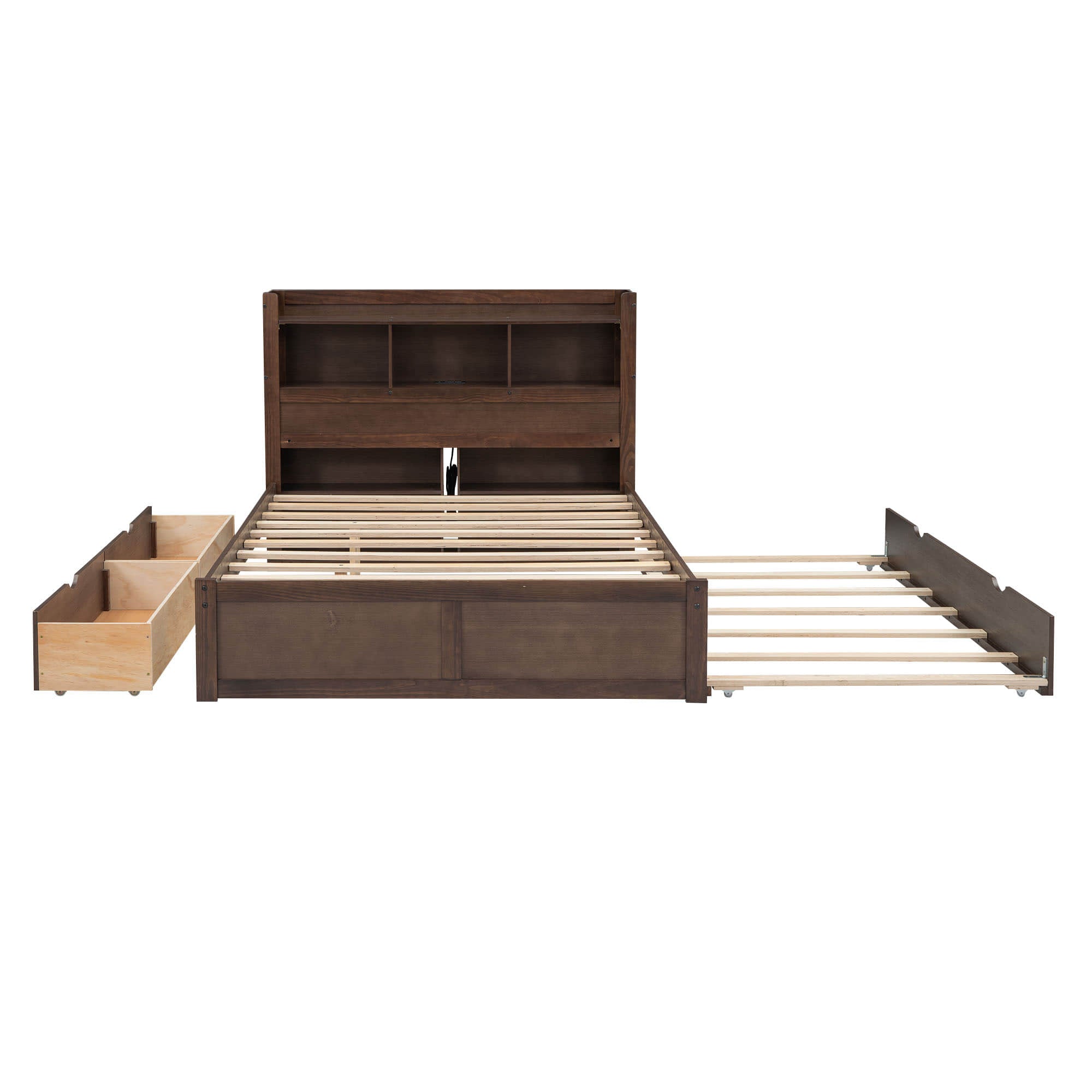 Full Platform Bed Frame with Twin Trundle Bed and Storage Headboard