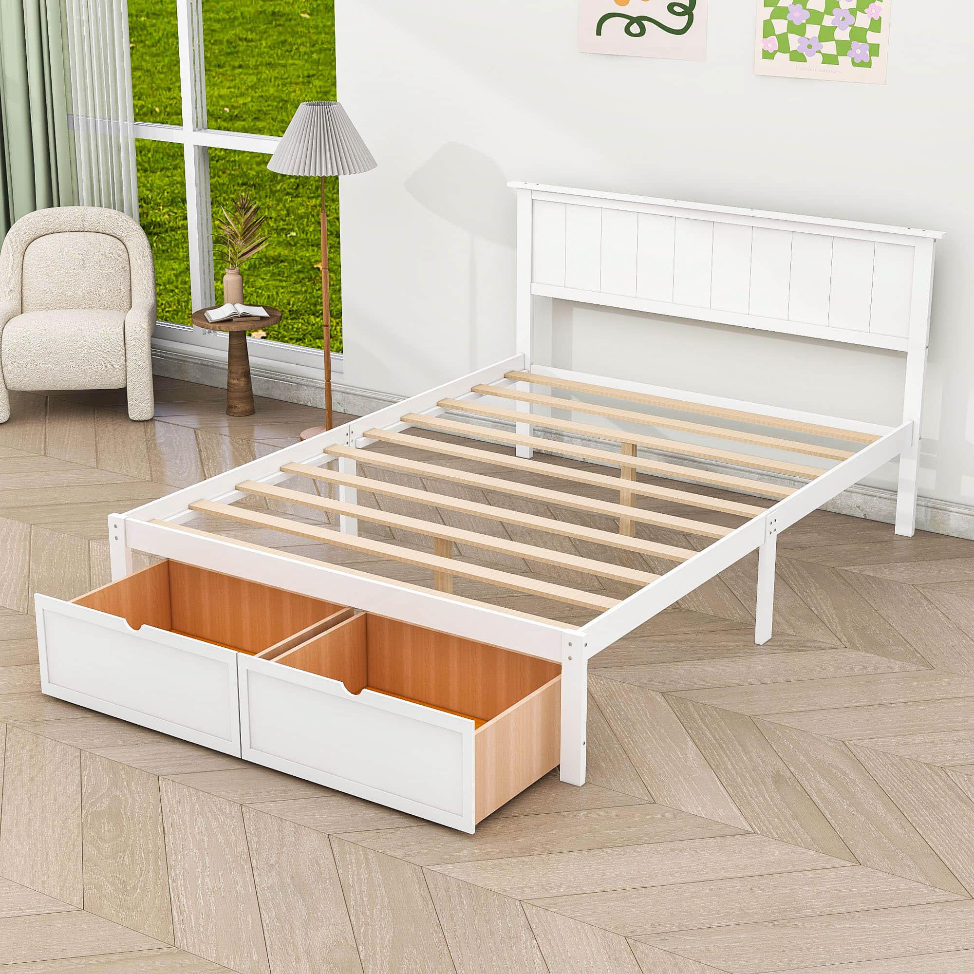 Full Size Platform Bed Frame with Under bed Storage - [Wooden, Drawers]