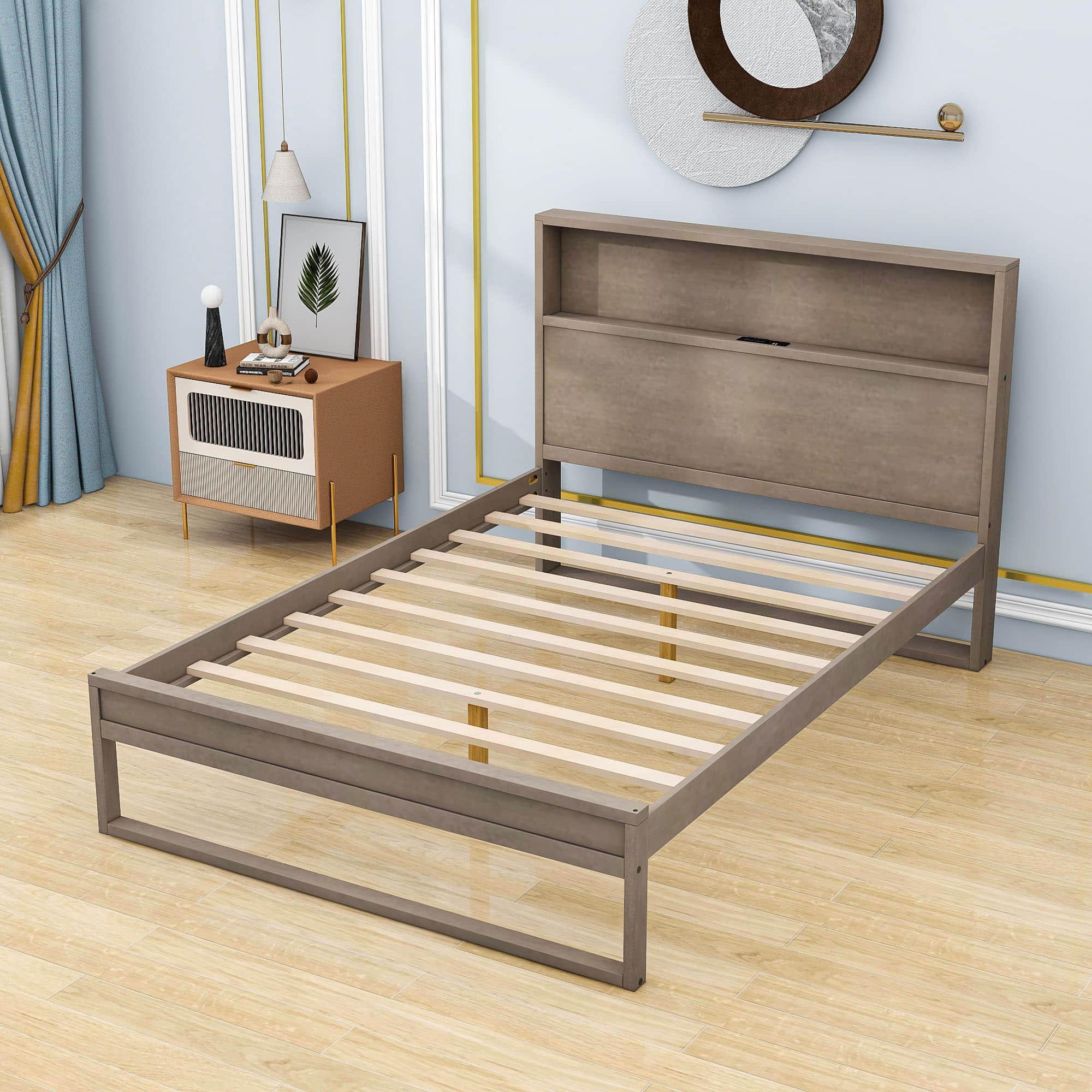 Rustic Farmhouse Full Size Smart Platform Bed with Storage Headboard - [Sockets, USB Ports]