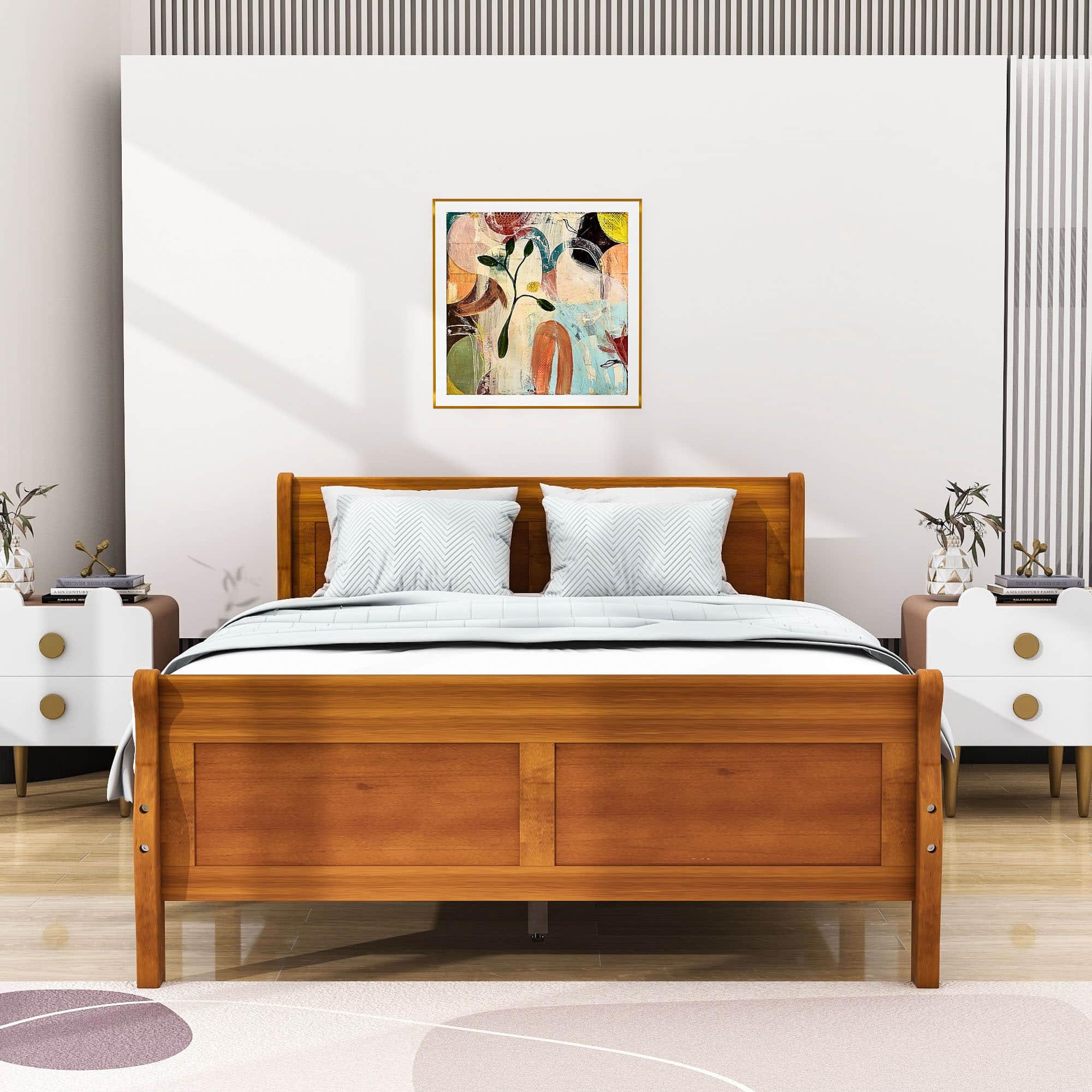 Wooden Full Size Platform Bed with Headboard - [Sleigh]