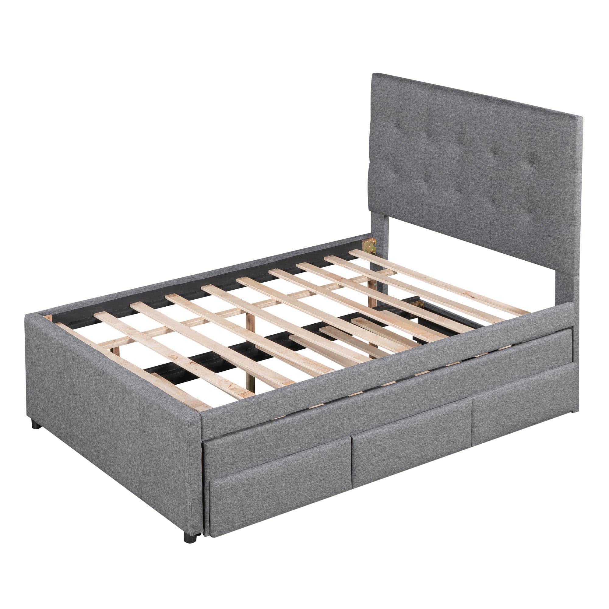 Full Size Linen Upholstered Platform Bed Frame with Storage and Trundle