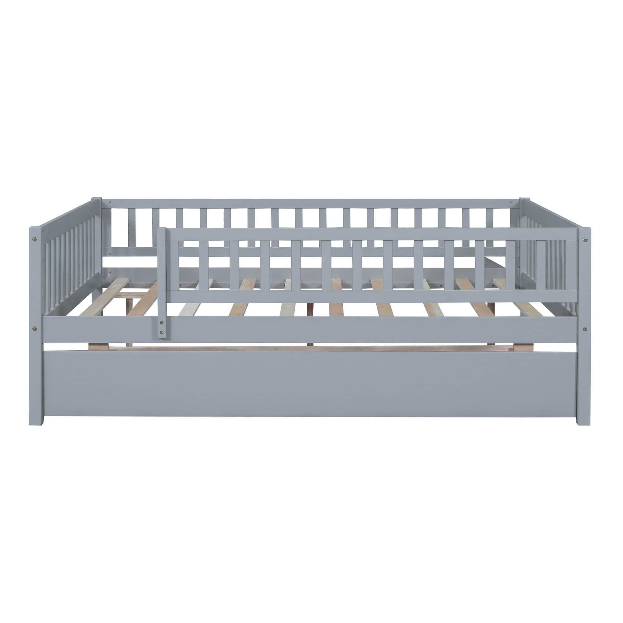 Wooden Full Size Low Kids Bed with Twin Size Trundle and Rails