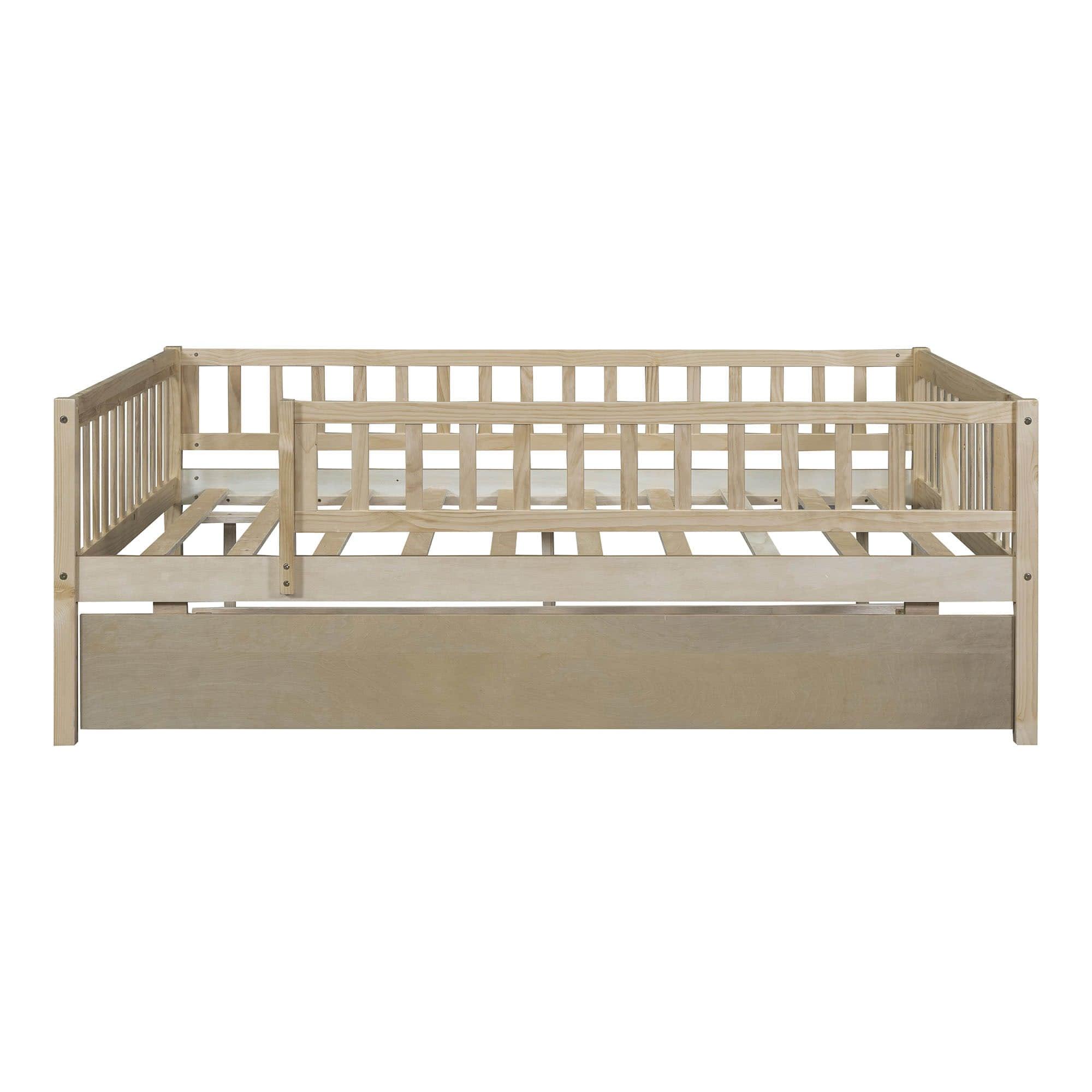 Wooden Full Size Low Kids Bed with Twin Size Trundle and Rails