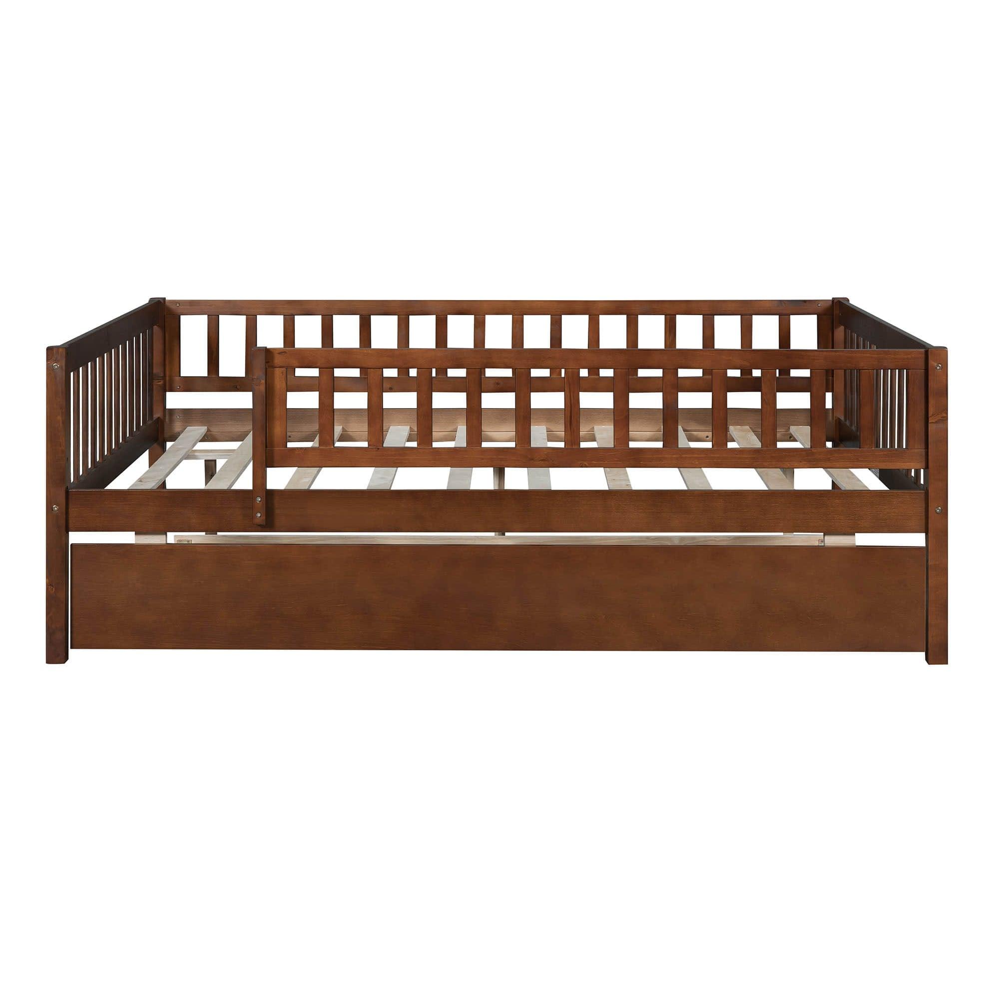 Wooden Full Size Low Kids Bed with Twin Size Trundle and Rails