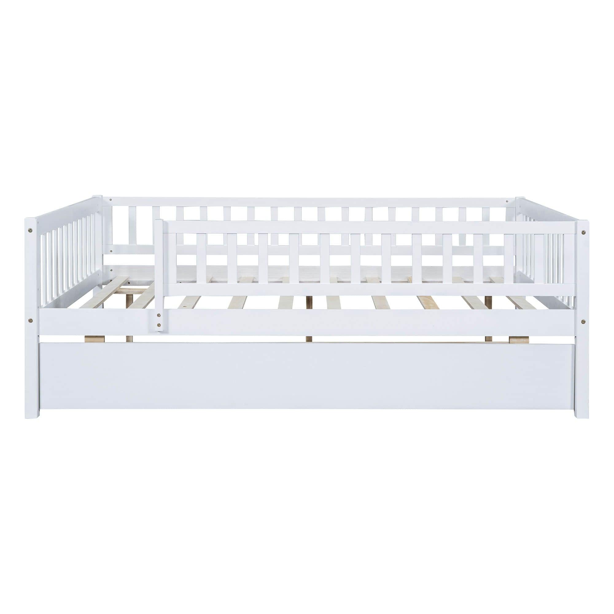 Wooden Full Size Low Kids Bed with Twin Size Trundle and Rails