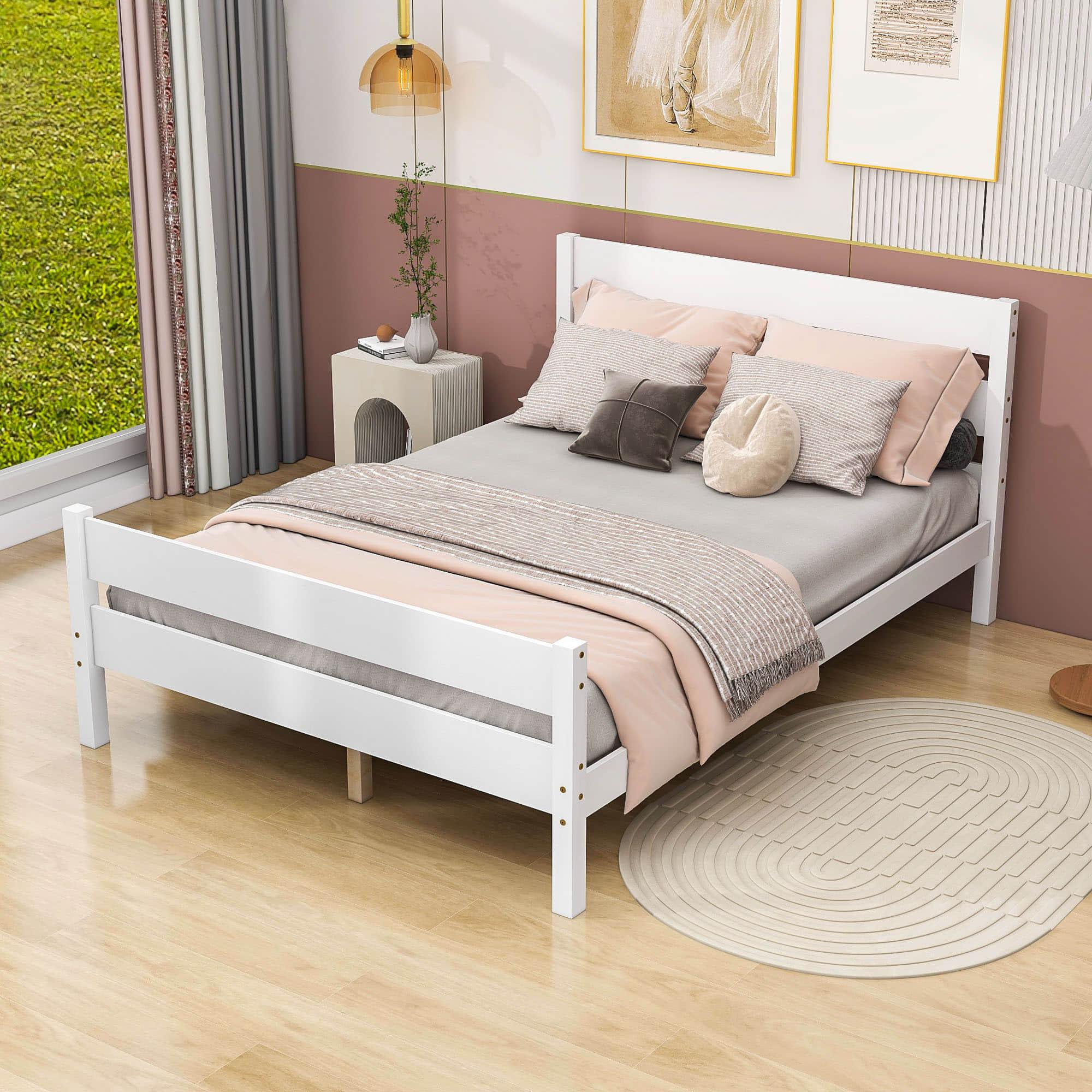 Wooden Full Bed Frame with Slat Headboard and Footboard