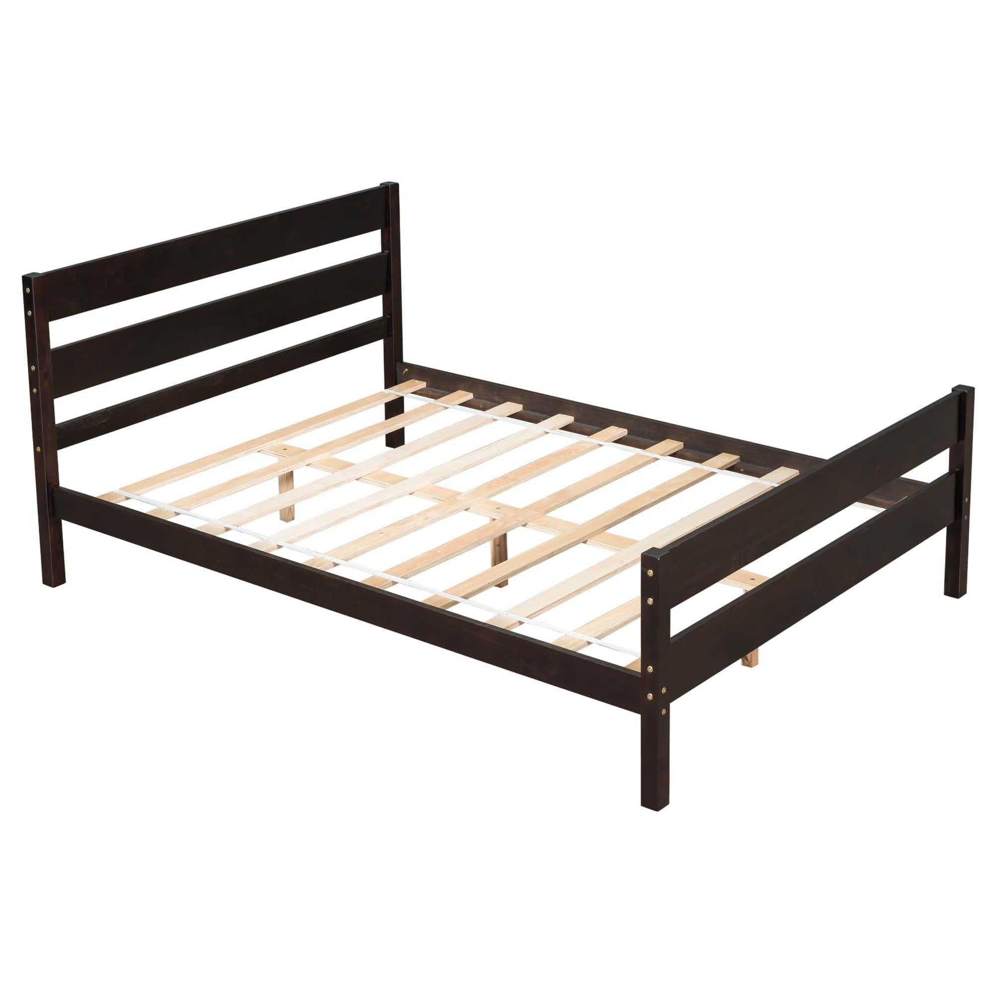 Wooden Full Bed Frame with Slat Headboard and Footboard