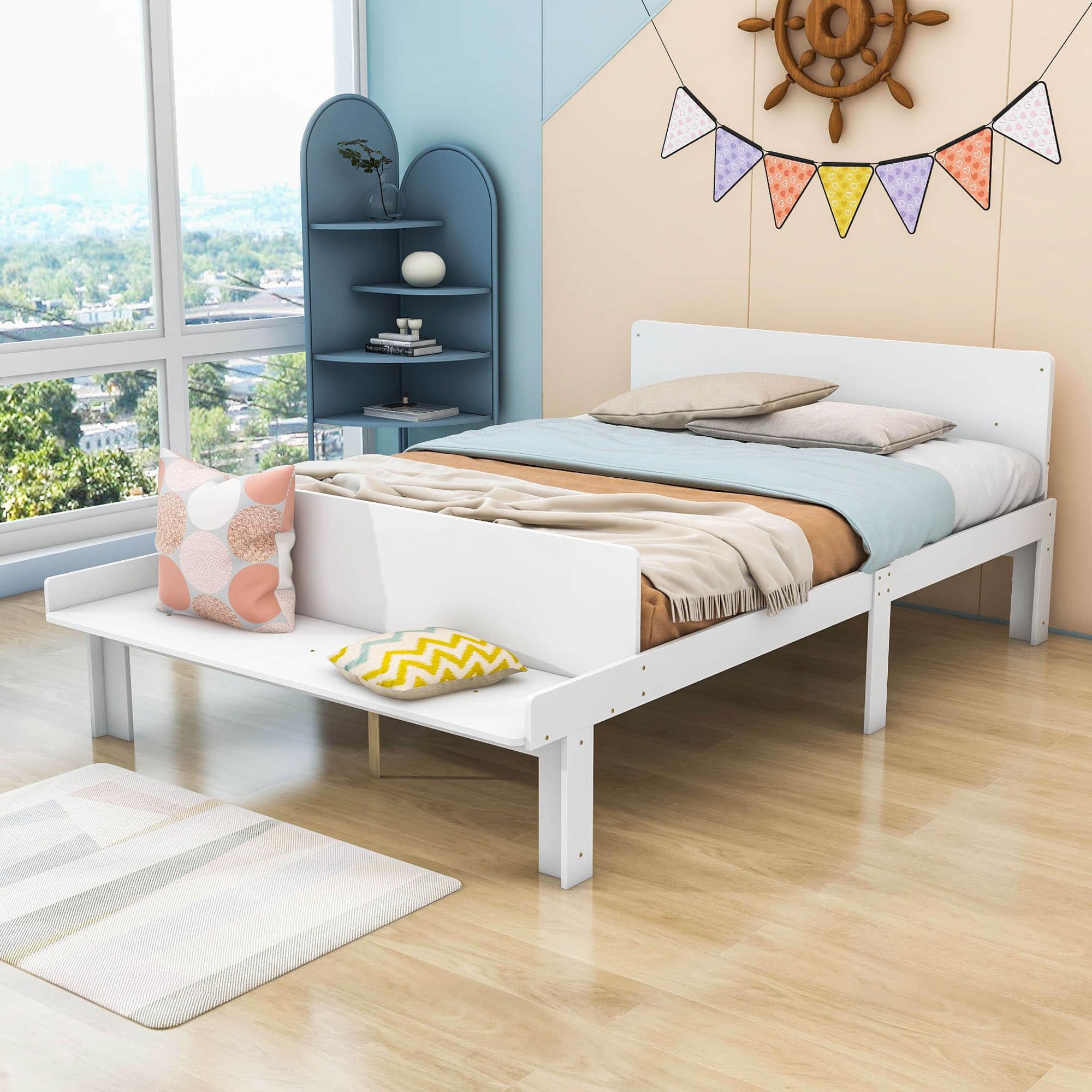 Full Size Kids Bed Frame with Headboard and Footboard Bench, Storage