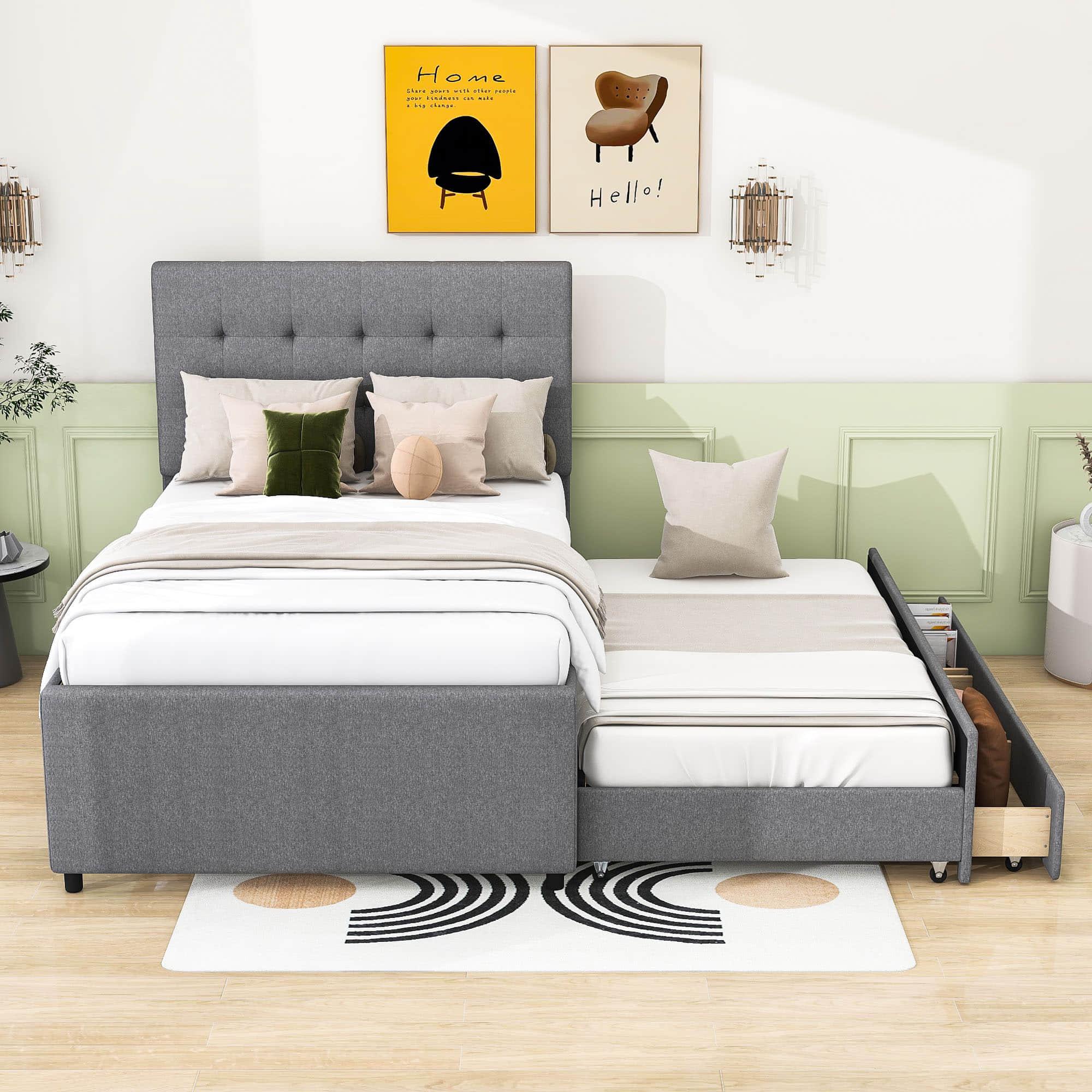 Full Size Linen Upholstered Platform Bed Frame with Storage and Trundle