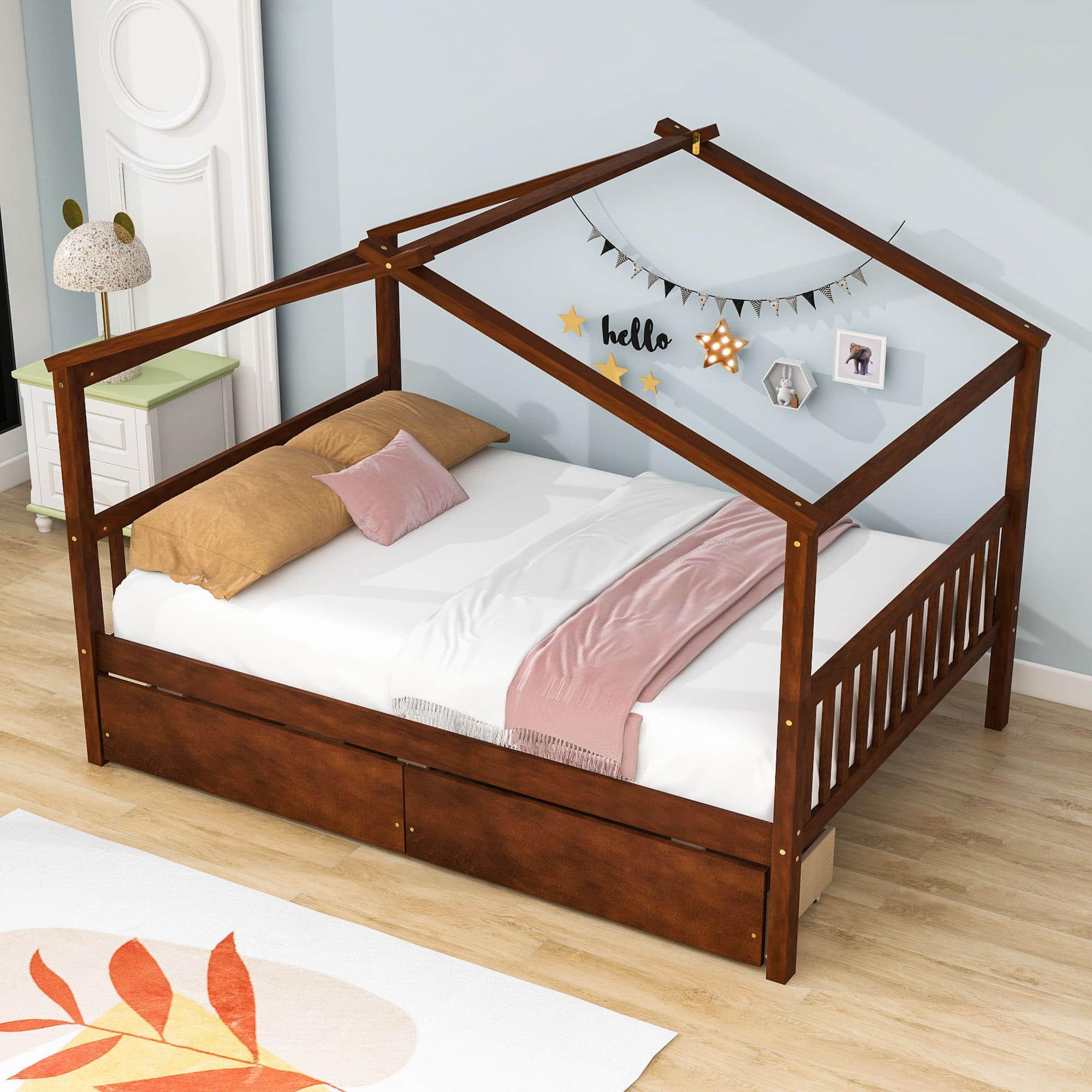 Wooden Full Size House Bed with Storage Drawers for Kids