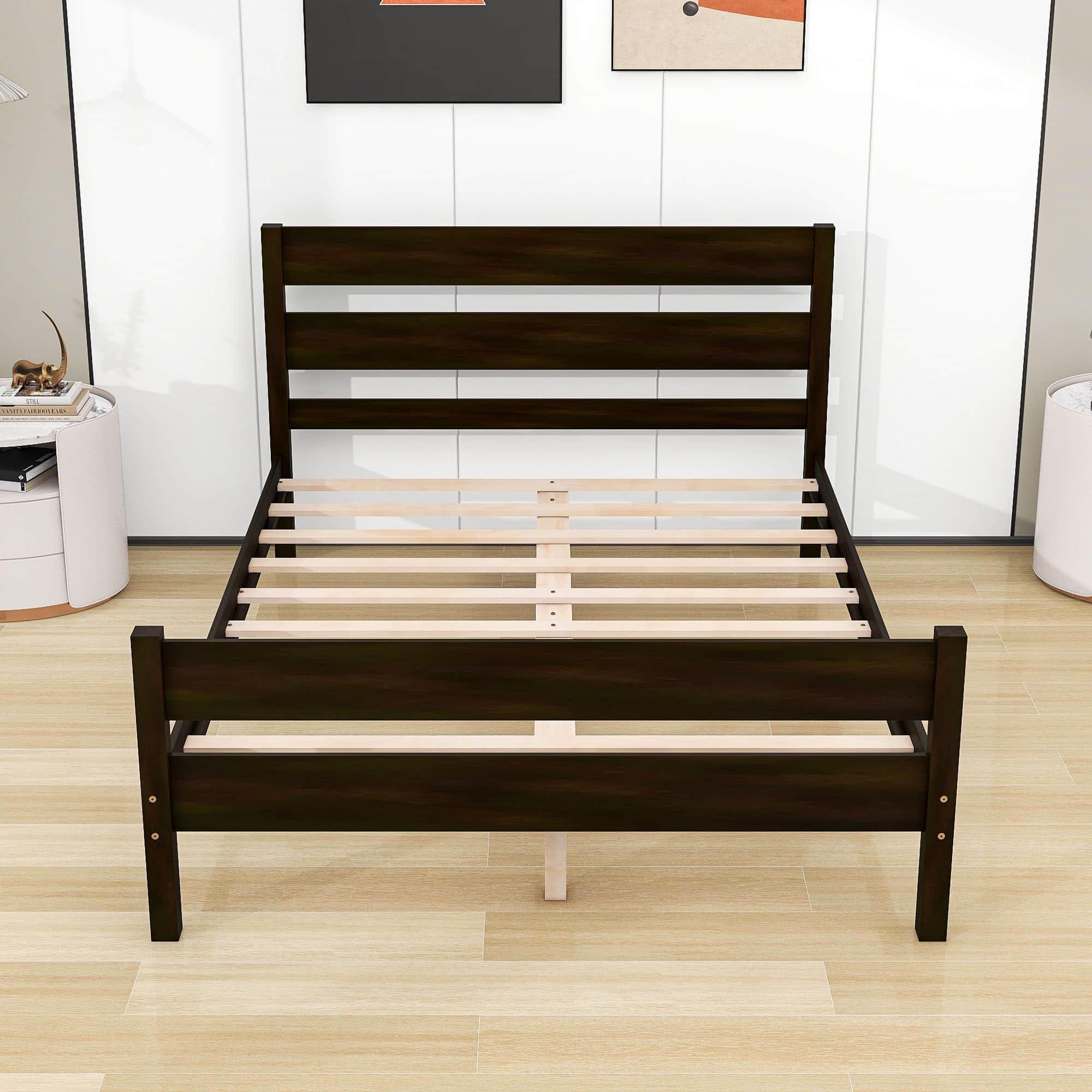 Wooden Full Bed Frame with Slat Headboard and Footboard