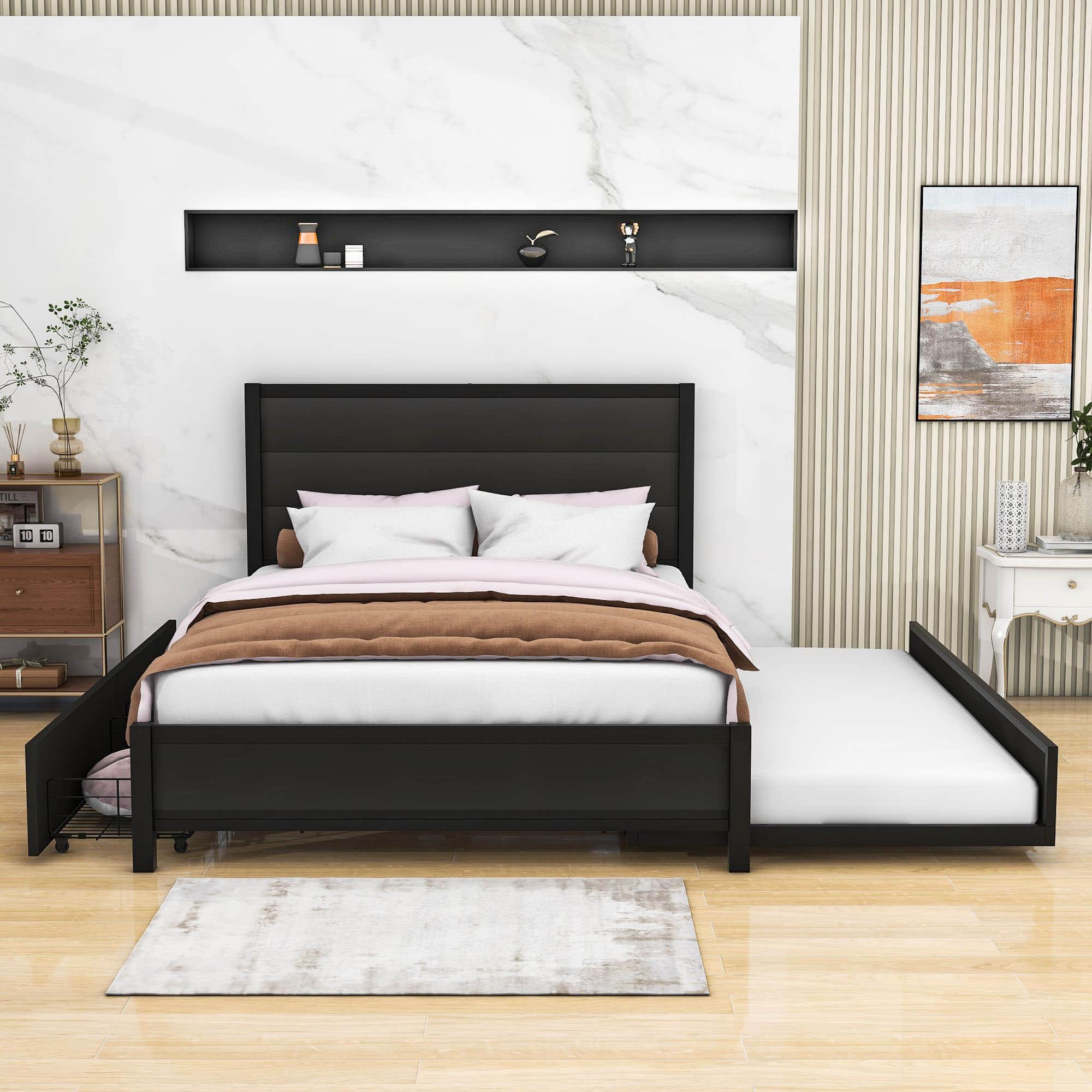 Metal Full Size Storage Platform Bed with Twin Trundle Bed