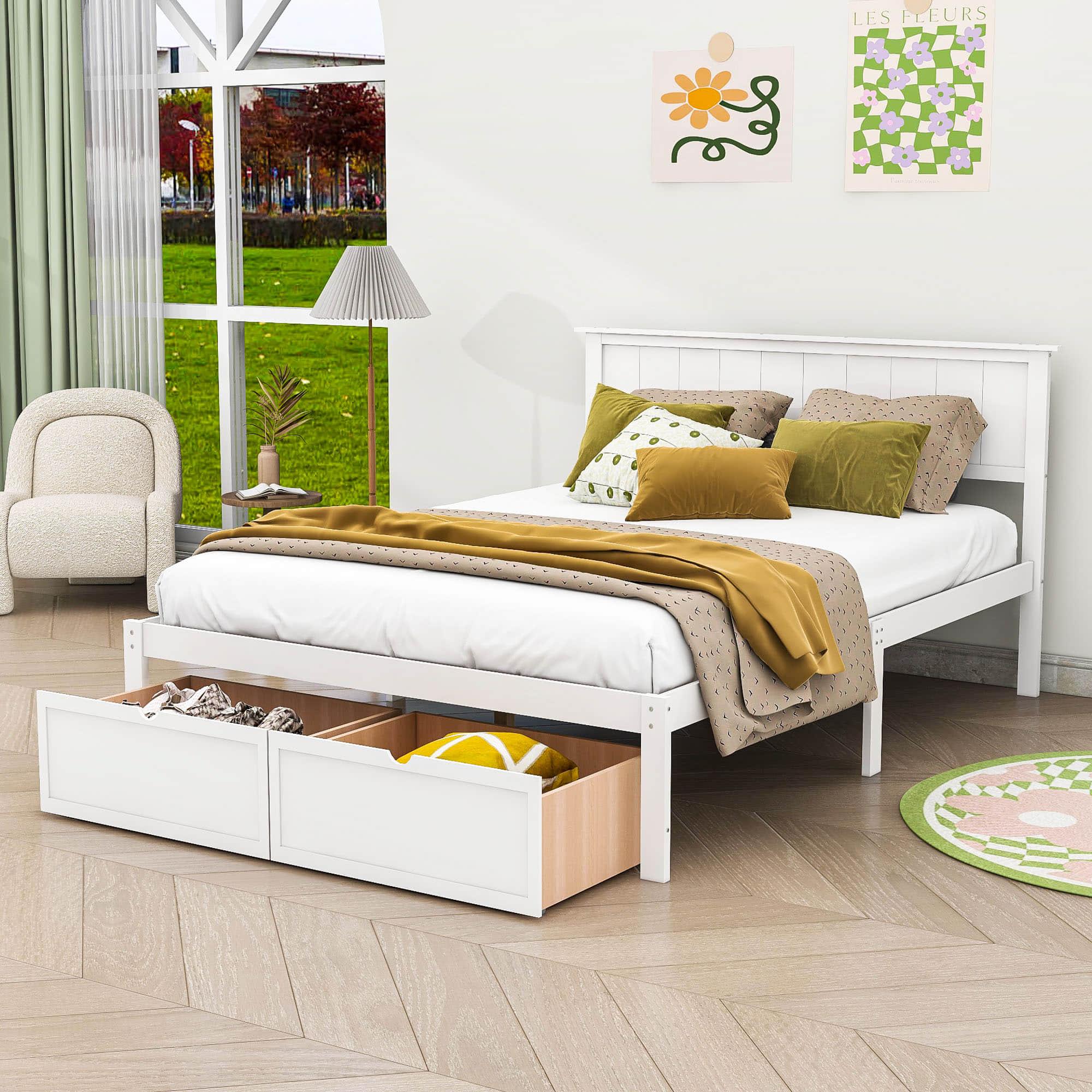 Full Size Platform Bed Frame with Under bed Storage - [Wooden, Drawers]